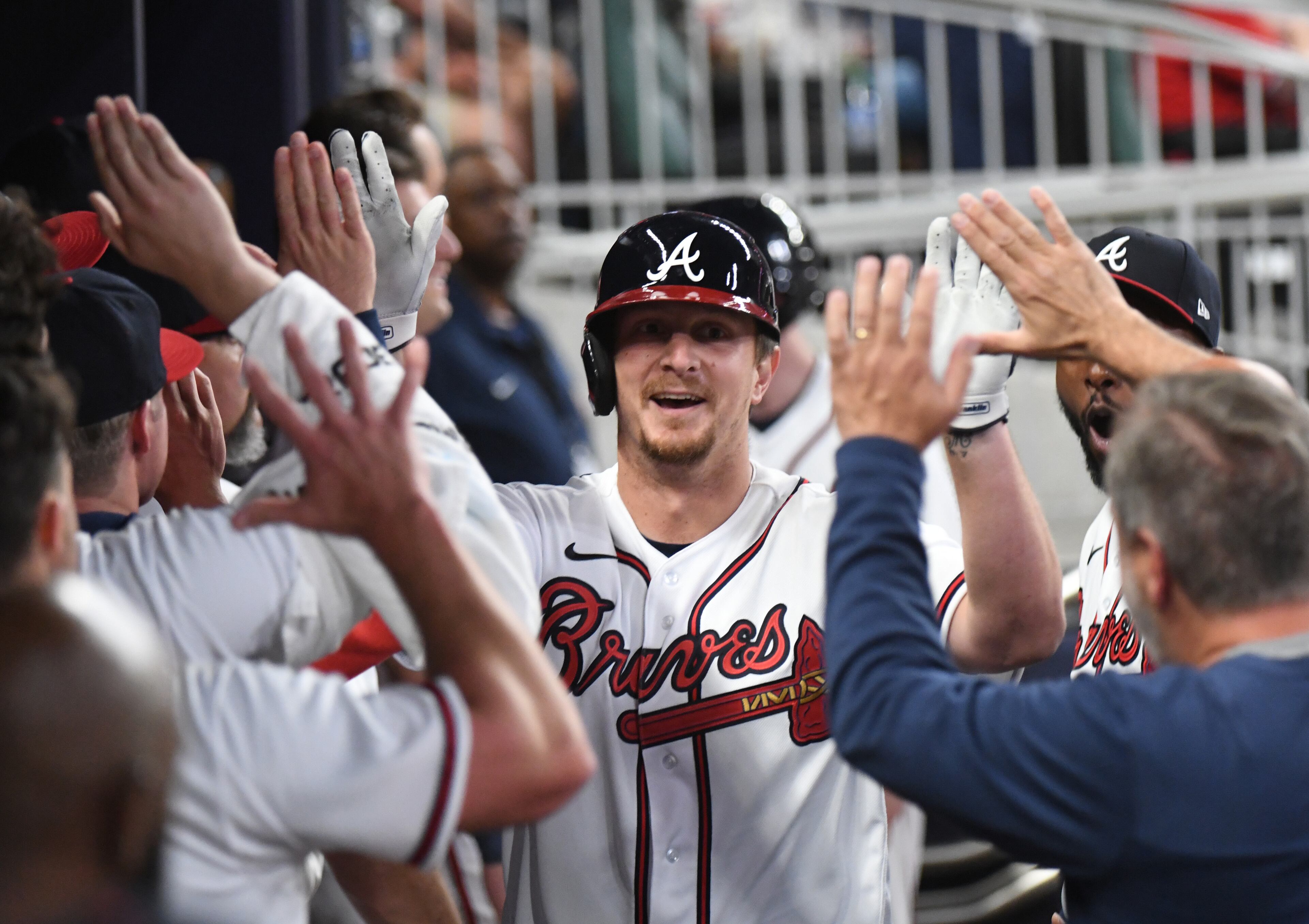 Atlanta Braves' left fielder Alex Dickerson (25) celebrates after hitting a 2-run home run in the 4th inning at Truist Park on Saturday, April 23, 2022. (Hyosub Shin / Hyosub.Shin@ajc.com)