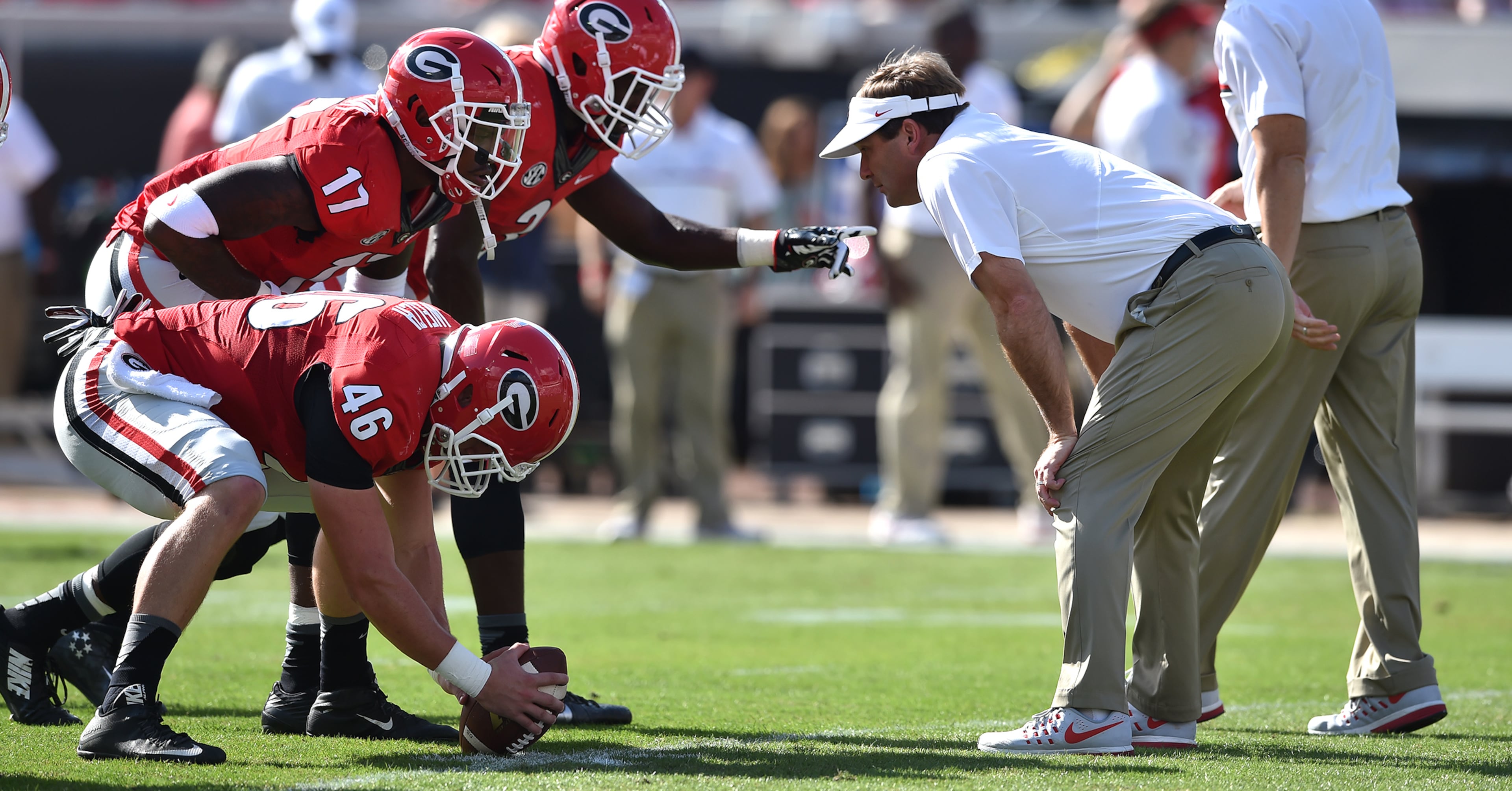 October 29 Jacksonville, FL: Georgia head coach Kirby Smart lines up in front of the punt team during warm-ups at EverBank Field in Jacksonville Saturday October 29, 2016. BRANT SANDERLIN/BSANDERLIN@AJC.COM