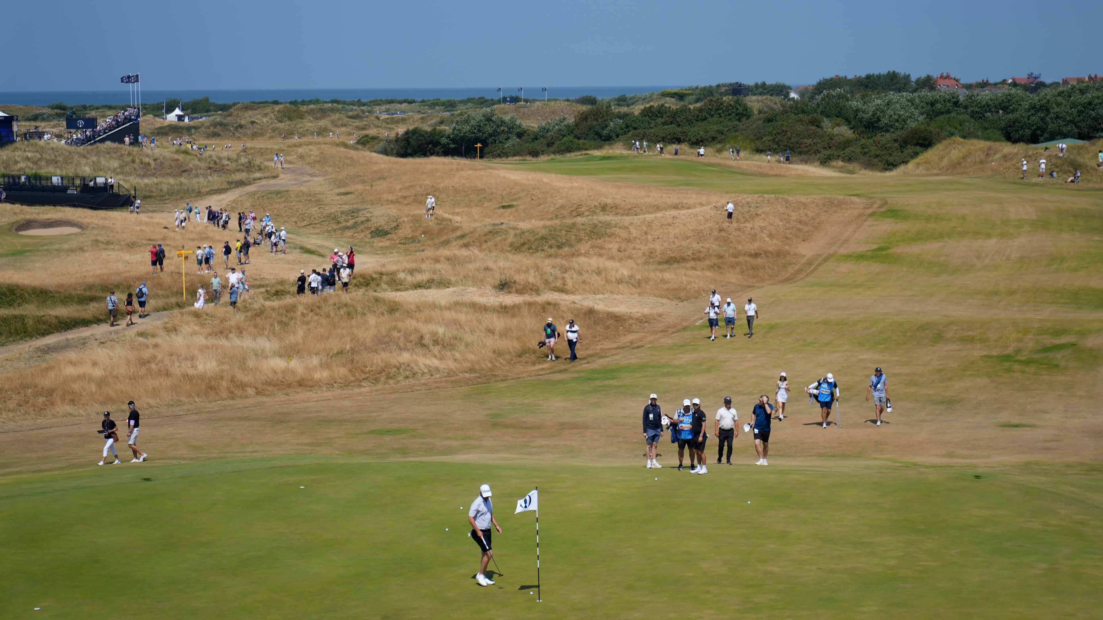 Bernd Wiesberger of Austria walks up to the pin flag on the 9th green during a practice round for the British Open Golf championships at Royal Birkdale golf club, in Southport, England, Wednesday, July 15, 2026. (AP Photo/David Goldman)