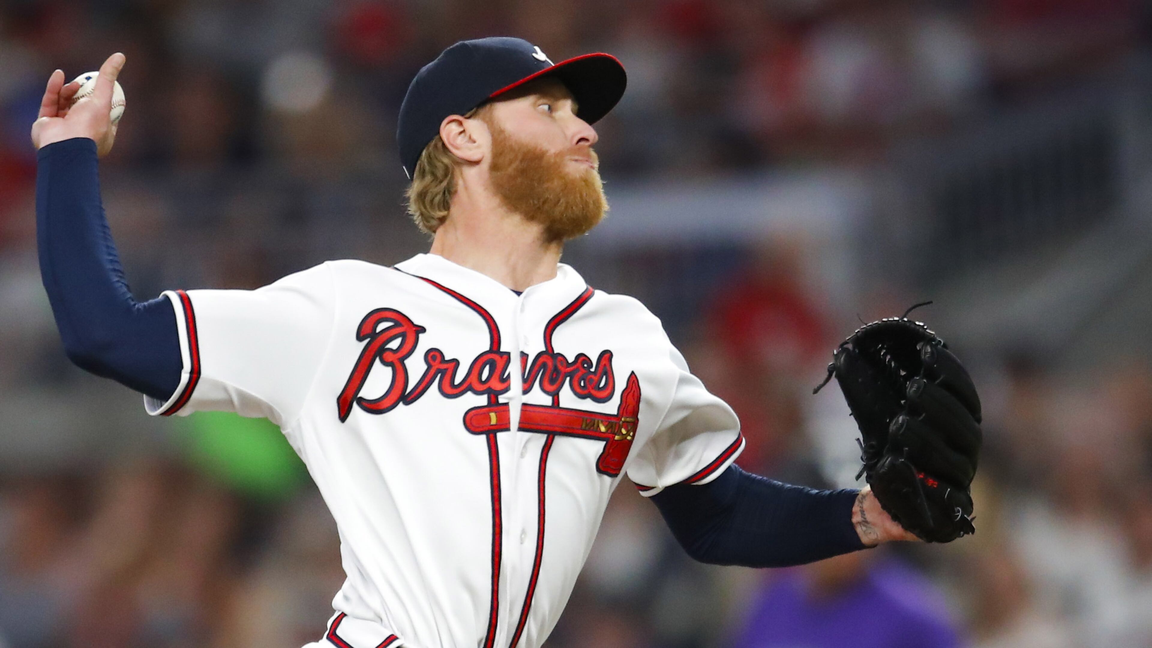 Braves pitcher Mike Foltynewicz delivers in the seventh inning Saturday, April 27, 2019, against the Colorado Rockies at SunTrust Park in Atlanta.