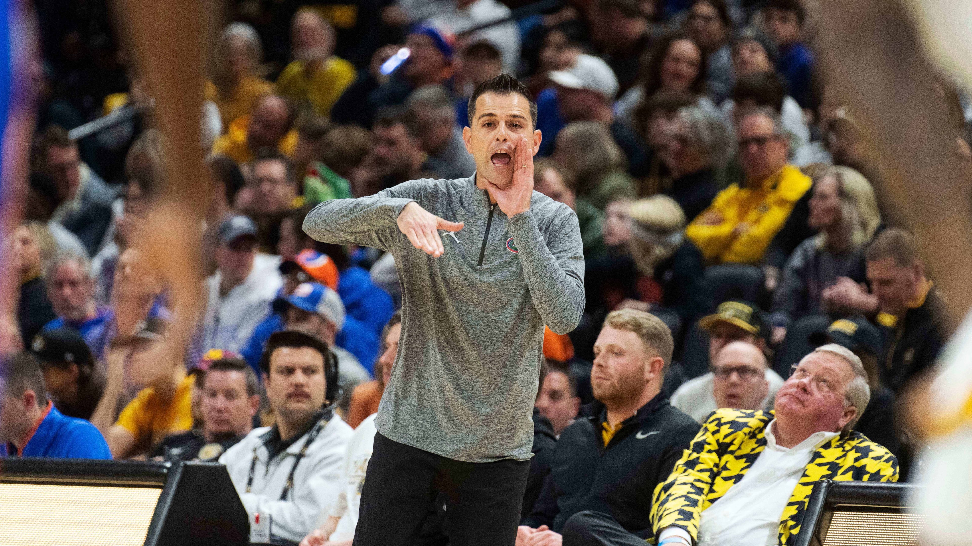 Florida head coach Todd Golden calls a play during the first half of an NCAA basketball game against Missouri Saturday, Jan. 3, 2026, in Columbia, Mo. (AP Photo/L.G. Patterson)