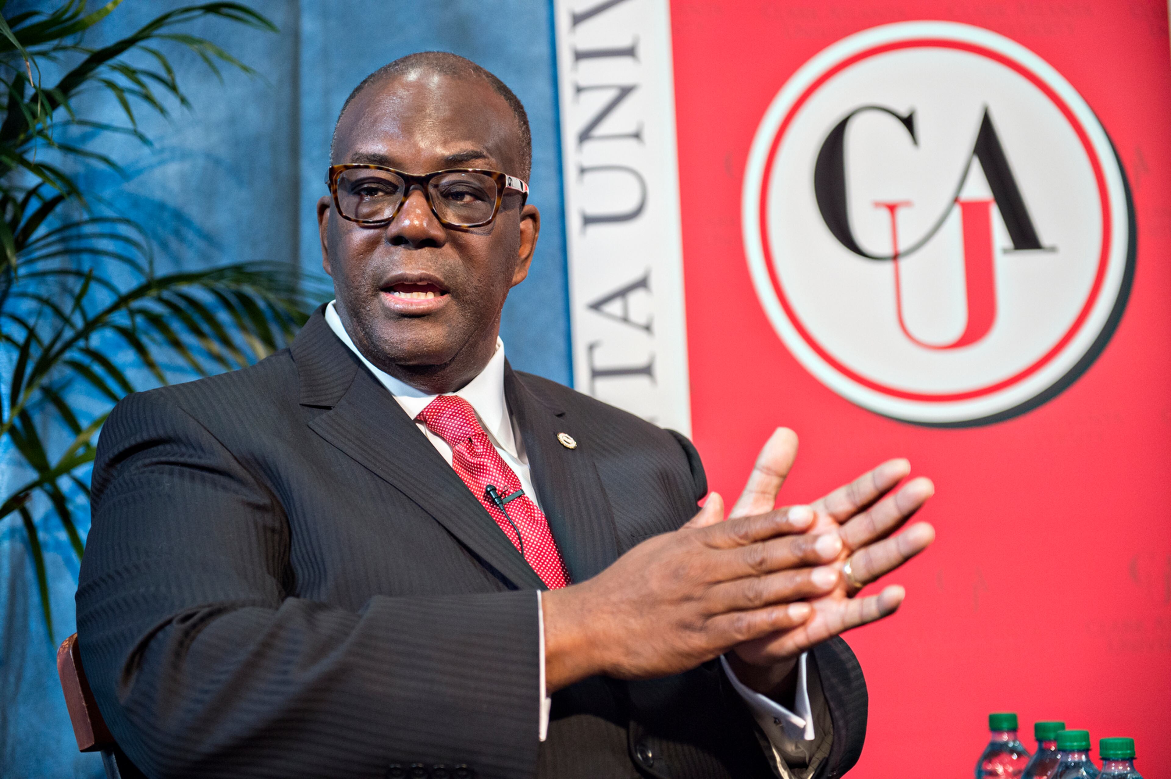 NEW CLARK ATLATA PRESIDENT--March 31, 2015 Atlanta - Ronald A. Johnson Ph.D. speaks with members of the media after the press conference announcing him as the new president of Clark Atlanta University on Tuesday, March 31, 2015. Johnson will be the fourth president of the university and takes over the position from Dr. Carlton Brown on July 1 of this year. JONATHAN PHILLIPS / SPECIAL