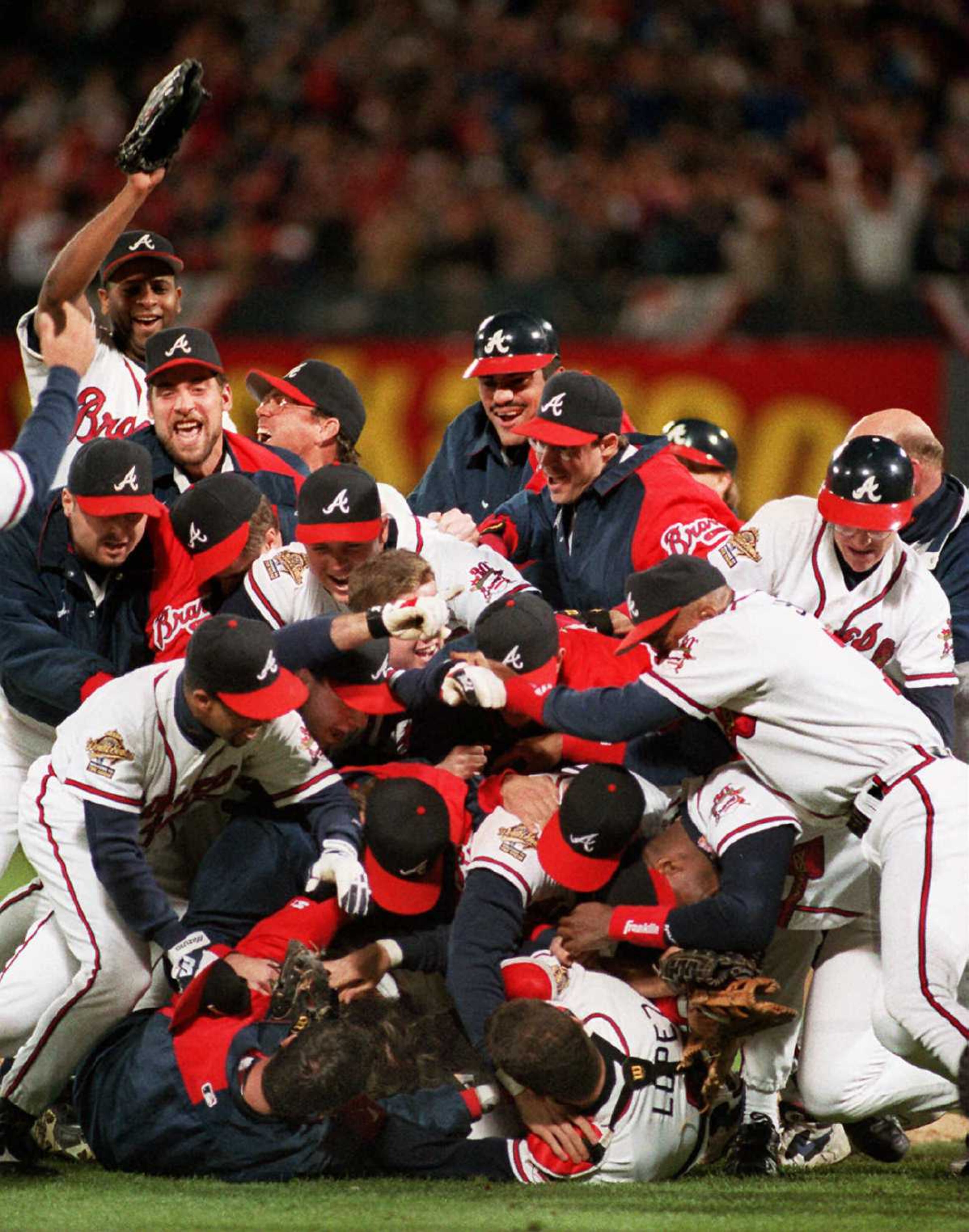 The Braves celebrate winning the 1995 World Series.
