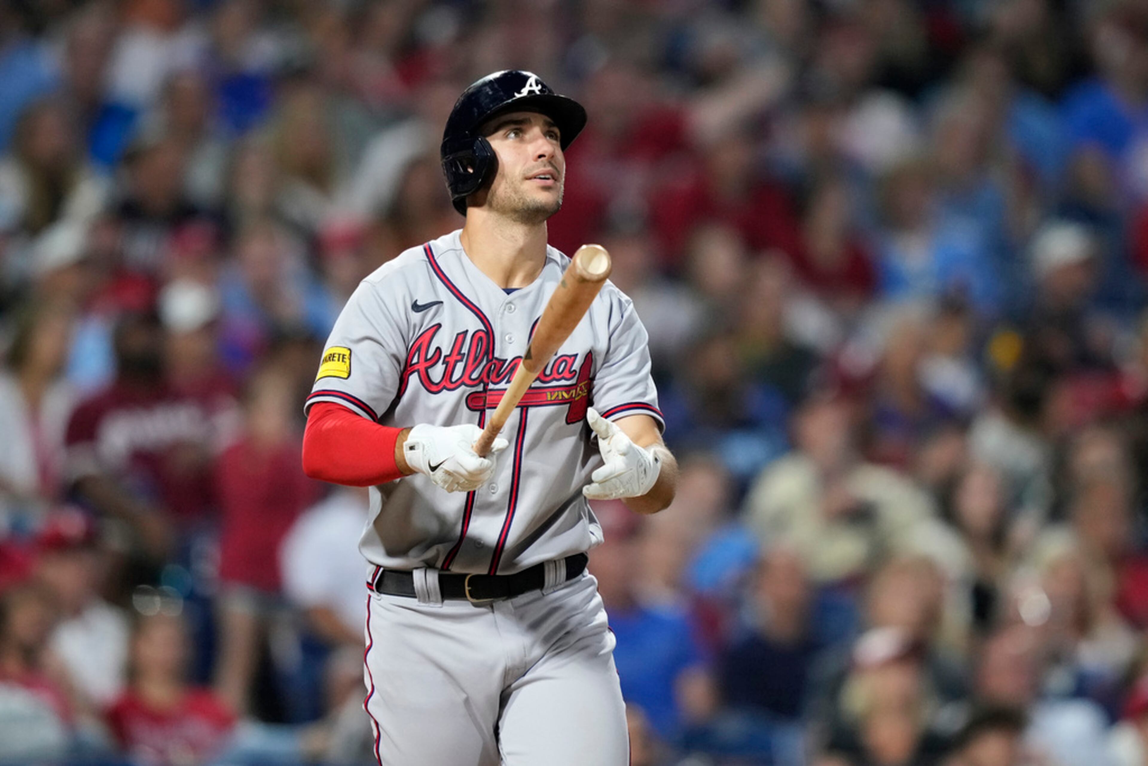 Atlanta Braves' Matt Olson watches after hitting a home run against Philadelphia Phillies pitcher Andrew Vasquez during the eighth inning of a baseball game, Tuesday, June 20, 2023, in Philadelphia. The Braves won 4-2. (AP Photo/Matt Slocum)