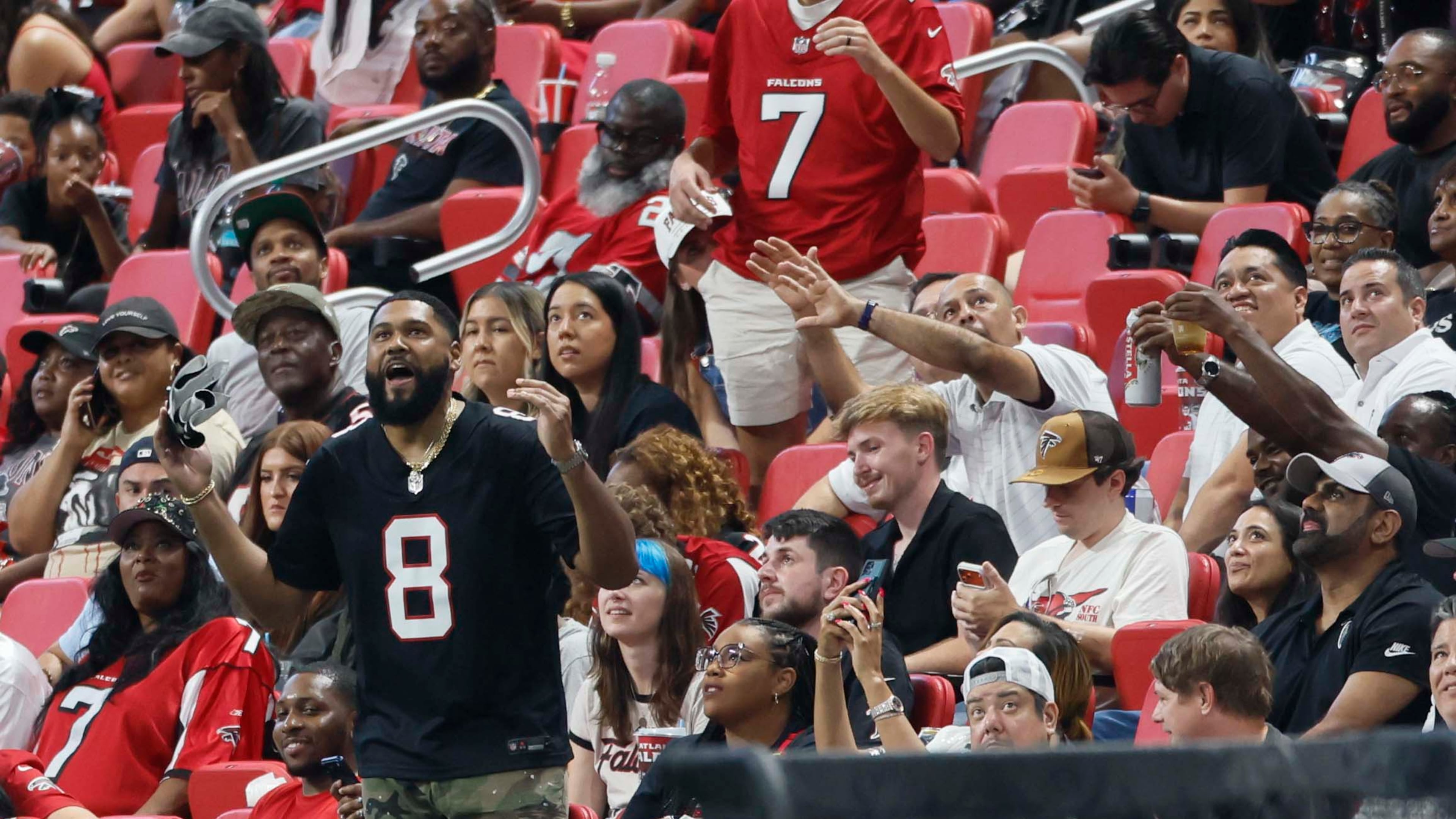 Atlanta Falcons fans react after an interception from Atlanta Falcons quarterback Jack Strand in the second half of an NFL game against the Carolina Panthers at Mercedes-Benz Stadium in Atlanta on Sunday, Sept. 20, 2026. (Miguel Martinez/AJC)