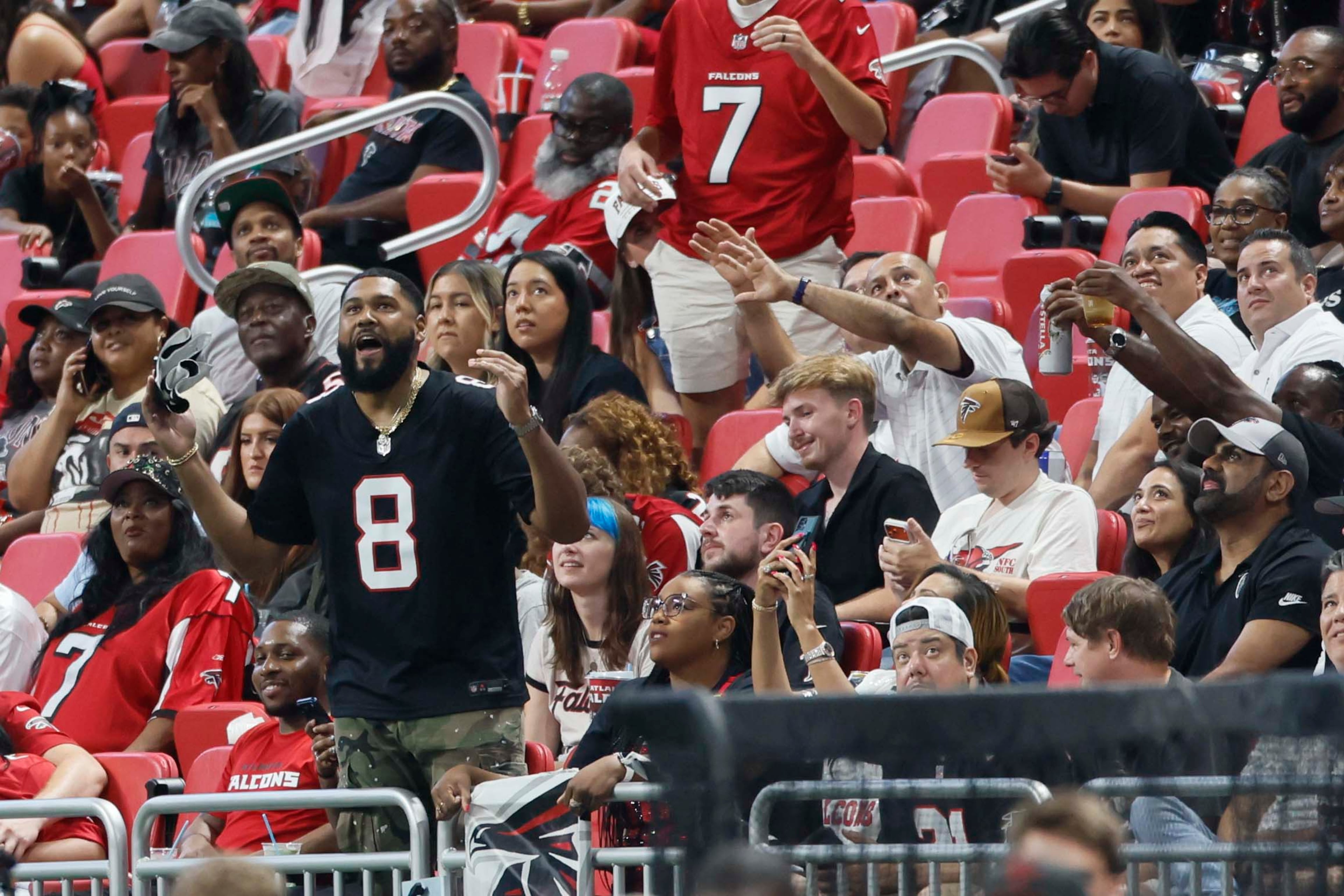 Atlanta Falcons fans react after an interception from Atlanta Falcons quarterback Jack Strand (18) in the second half of an NFL game against the Carolina Panthers at Mercedes-Benz Stadium in Atlanta on Sunday, Sept. 20, 2026. (Miguel Martinez/AJC)