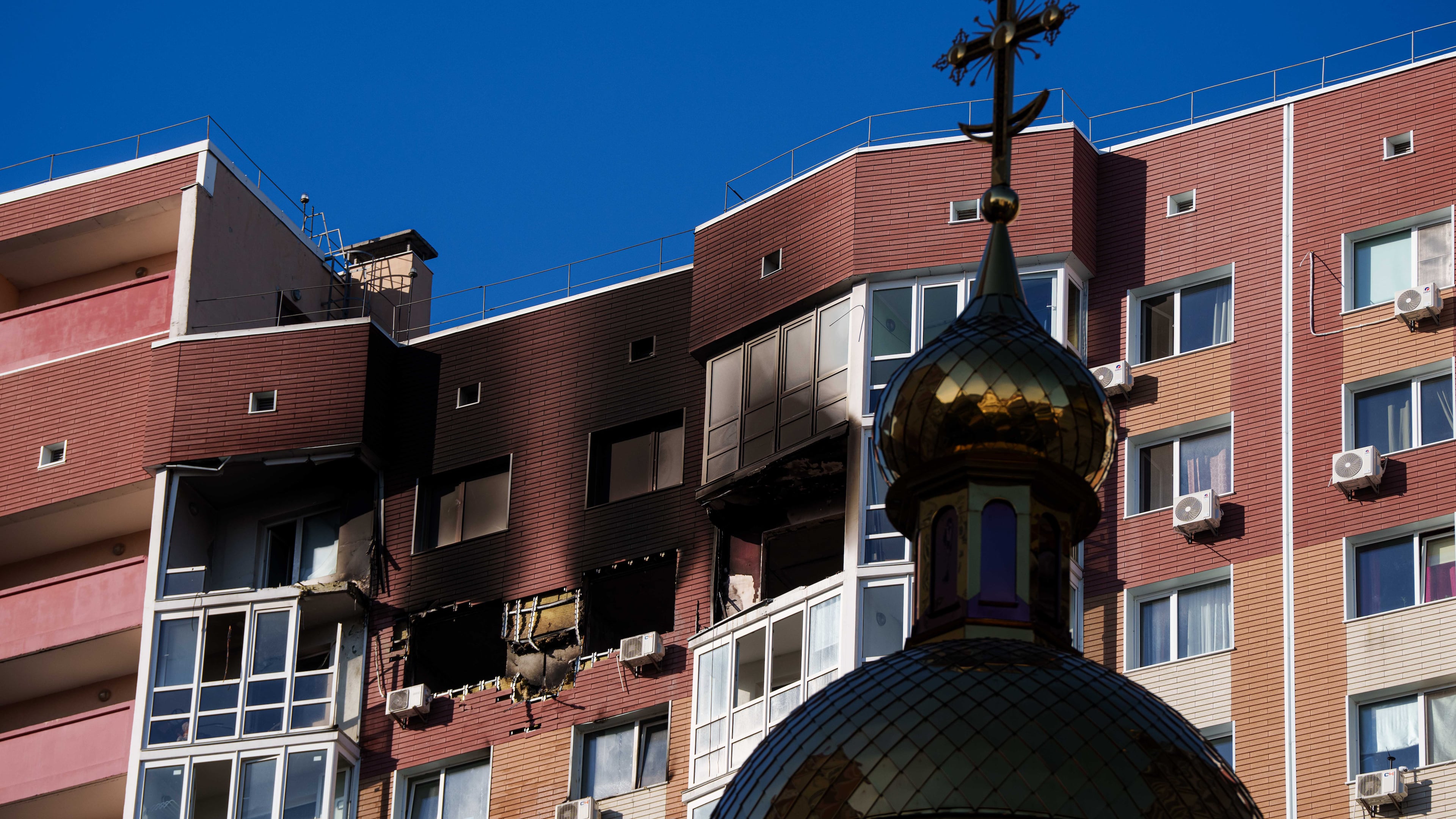 A residential building is seen damaged following a Russian drone strike, in Kyiv, Ukraine, Friday, Oct. 2, 2026. (AP Photo/Evgeniy Maloletka)