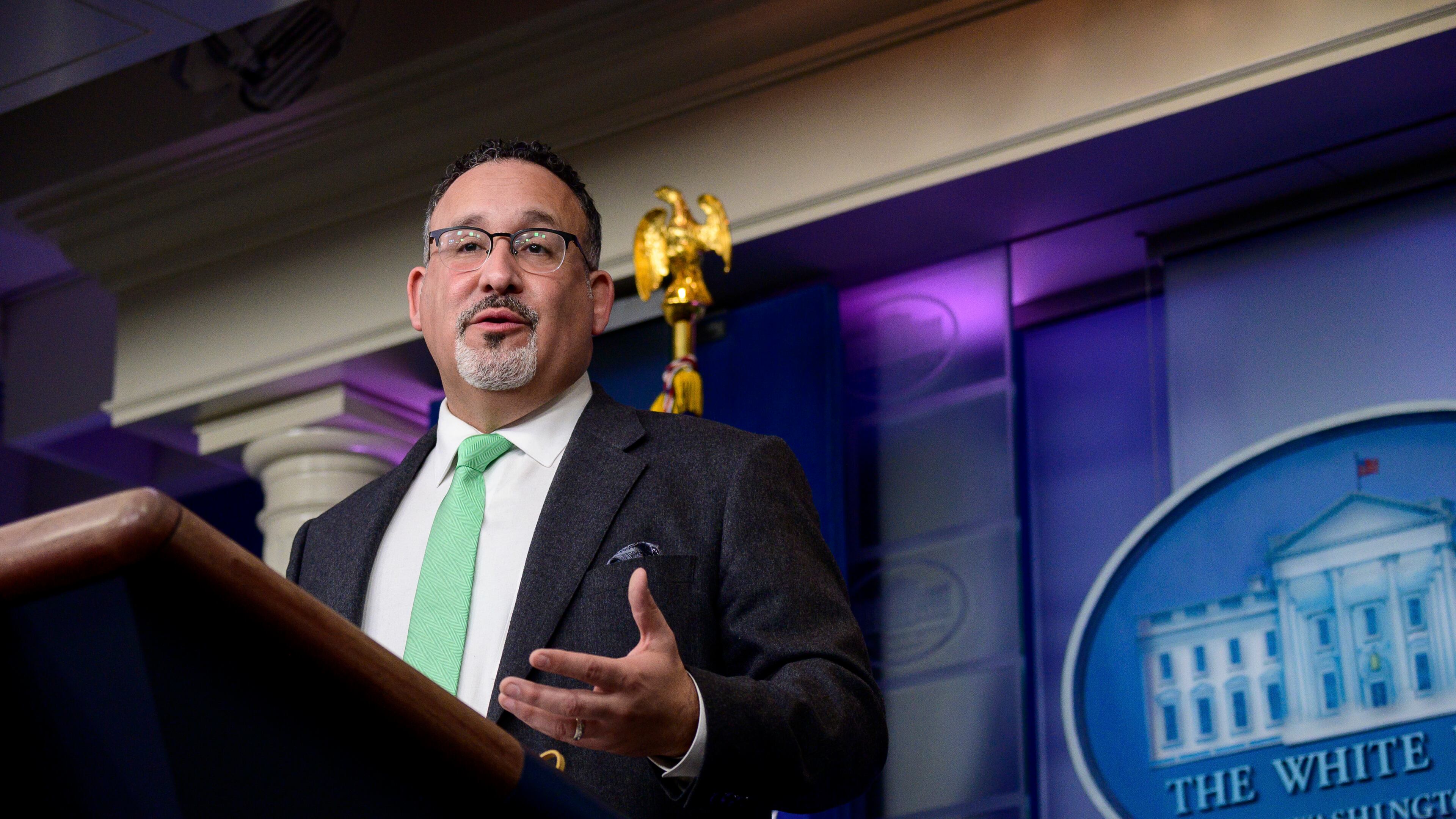 Education Secretary Miguel Cardona during a news conference at the White House in Washington, March 17, 2021. Cardona will lead a series of upcoming hearings focused on college student loan debt. (Erin Scott/The New York Times)