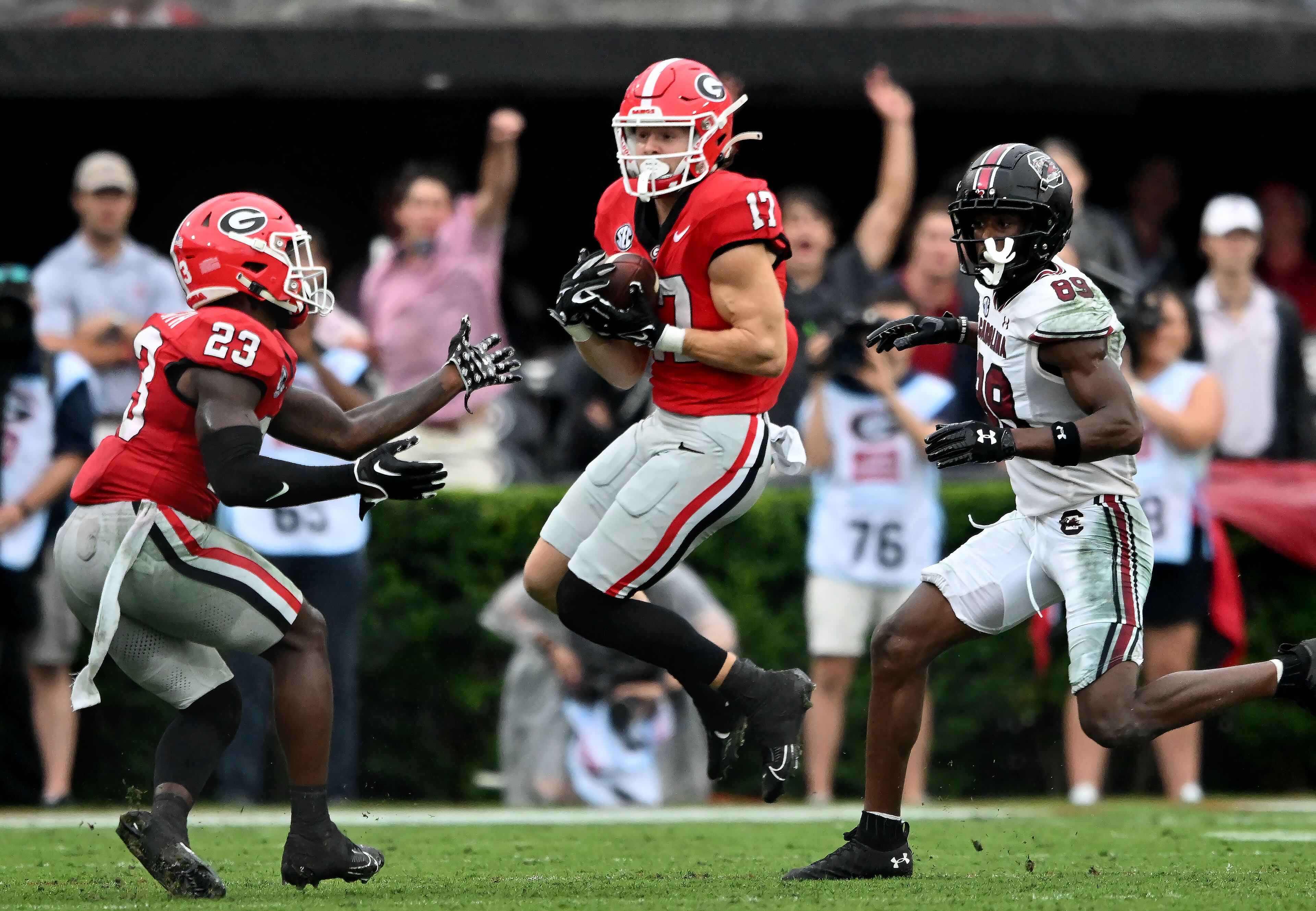 Georgia's defensive back Dan Jackson (17) intercepts a pass during the second half in an NCAA football game at Sanford Stadium, Saturday, September 16, 2023, in Athens. Georgia won 24 - 14 over South Carolina. (Hyosub Shin / Hyosub.Shin@ajc.com)