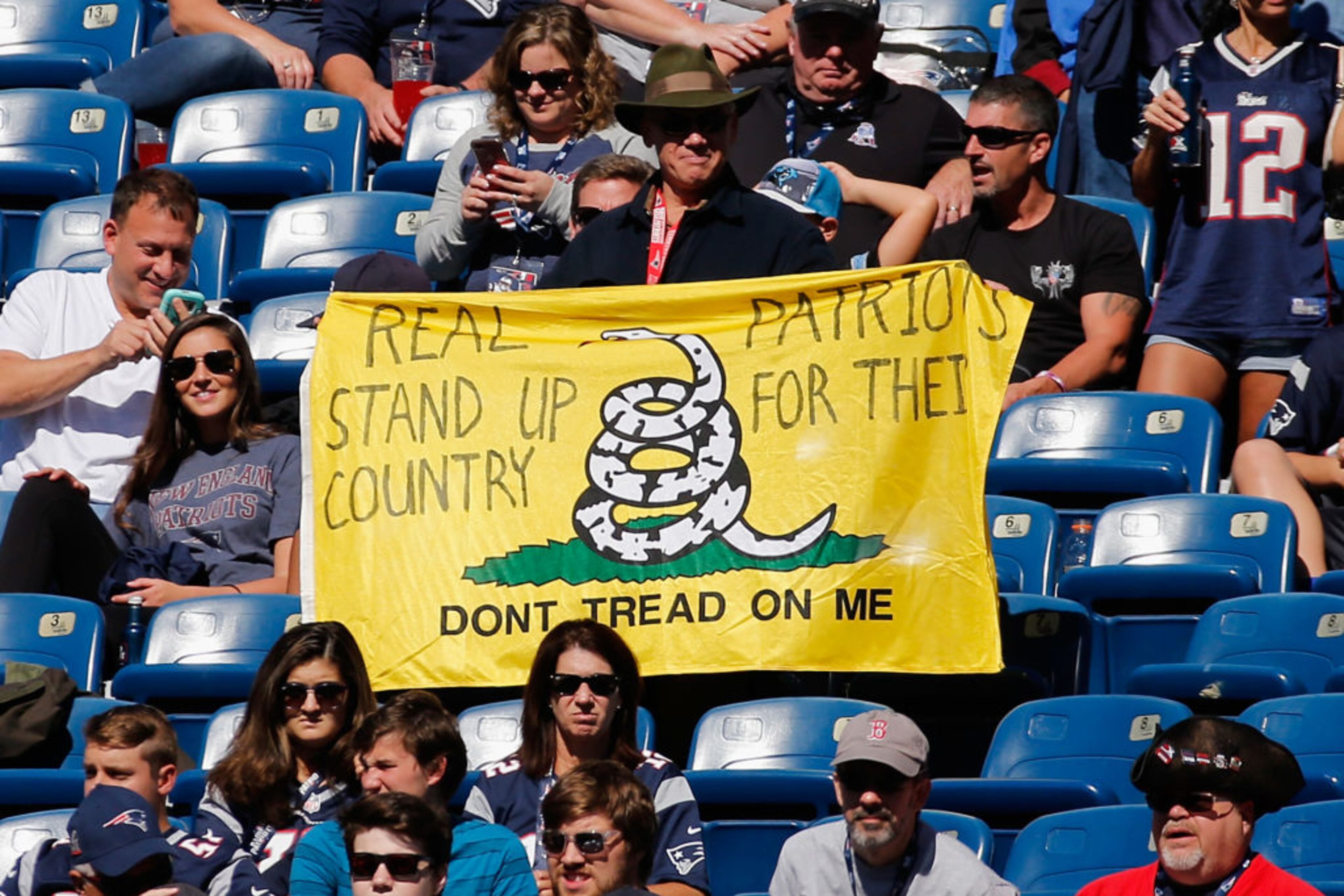 FOXBORO, MA - OCTOBER 01: A fan displays a Gadsden flag before the game between the Carolina Panthers and the New England Patriots at Gillette Stadium on October 1, 2017 in Foxboro, Massachusetts. (Photo by Jim Rogash/Getty Images)