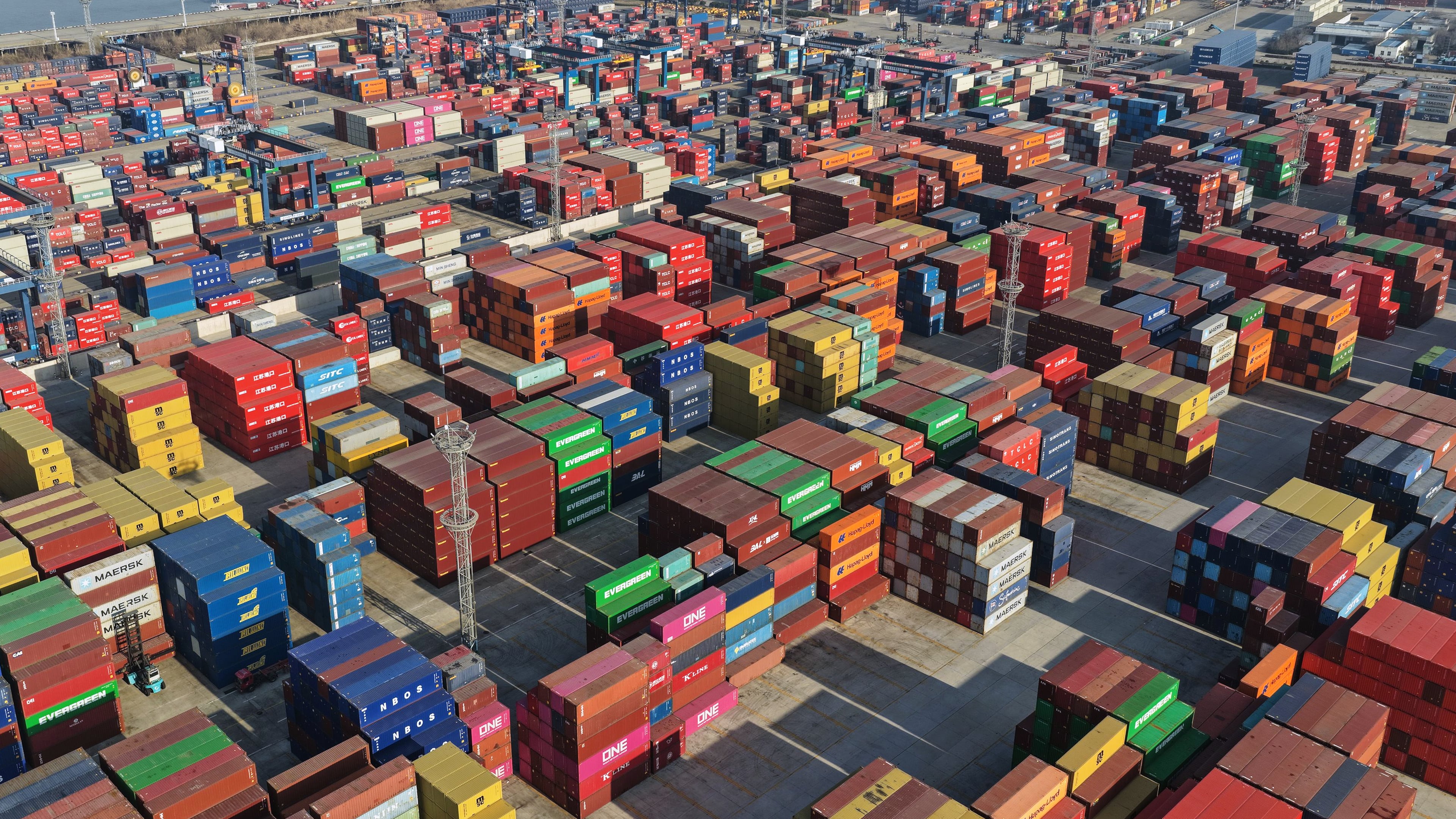 Aerial view of a container terminal in Nanjing in eastern China's Jiangsu province, Wednesday, Jan. 14, 2026. (Chinatopix Via AP)