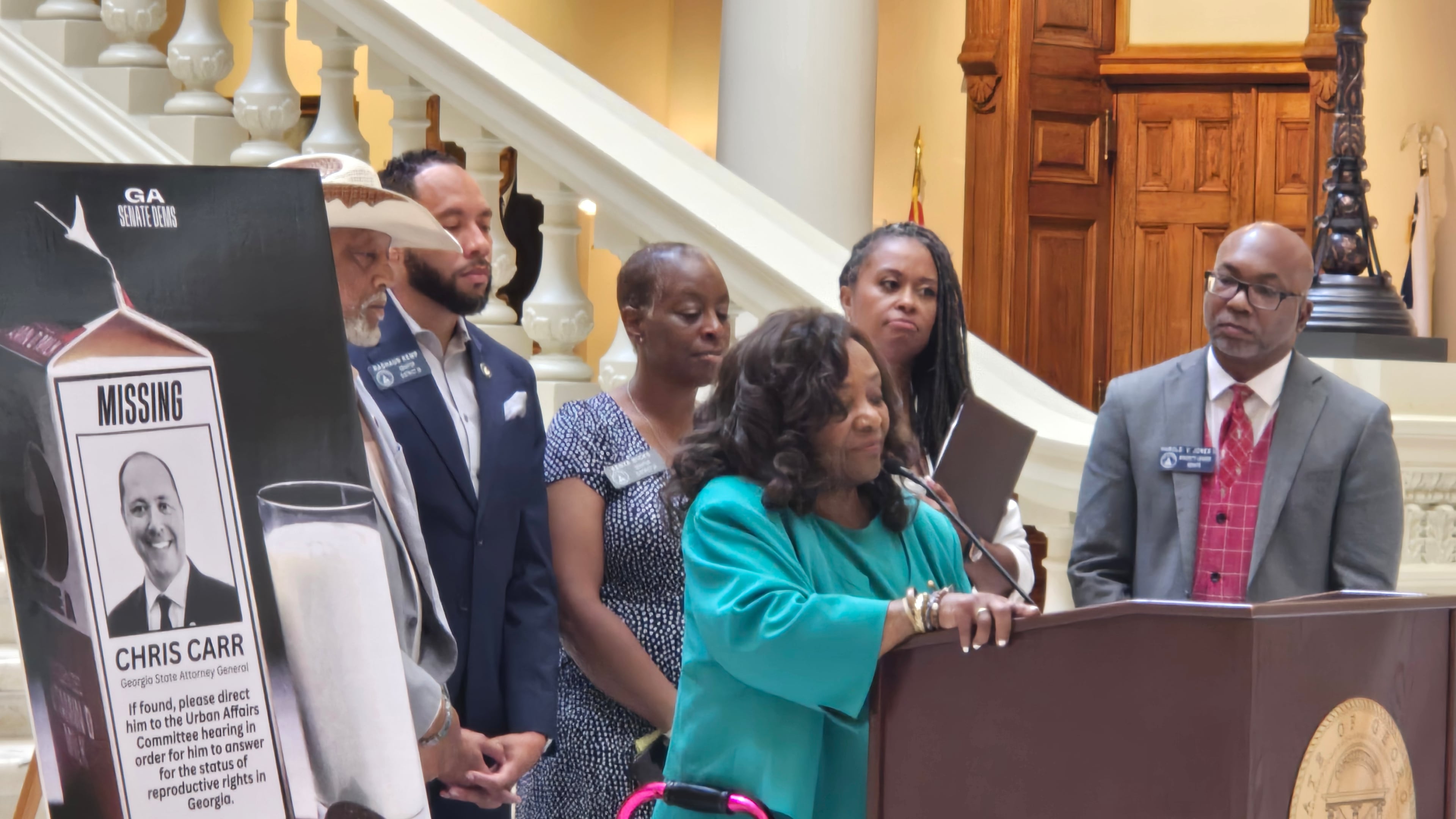 State Sen. Donzella James, D-Atlanta, decried what she says is Georgia's vague abortion law during a press conference. Attorney General Chris Carr was invited to discuss the law at a hearing but did not attend. (Maya T. Prabhu/AJC)