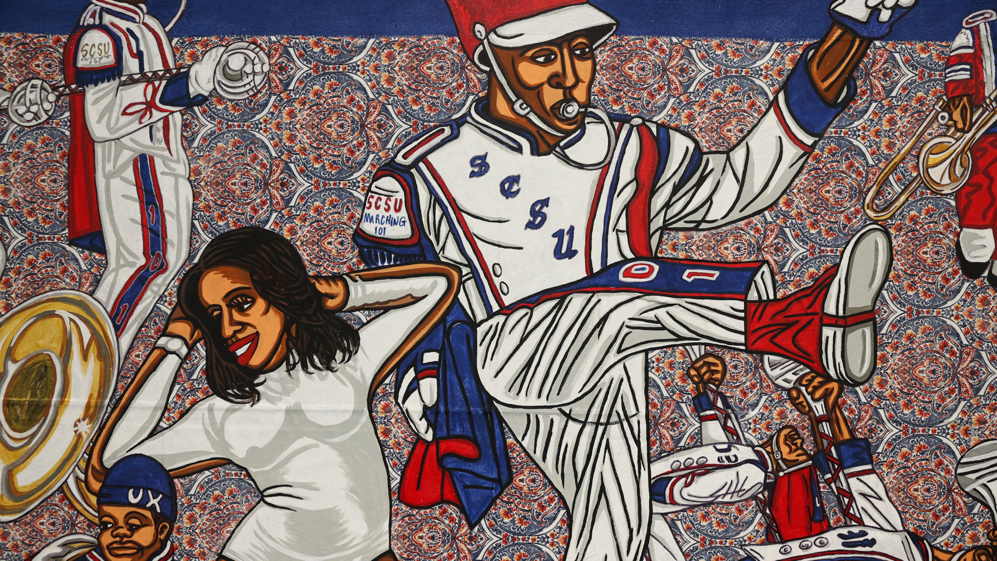A close-up view of a piece in artist Keith Duncan’s exhibit “Battle of the Bands,” inspired by HBCU band culture, at the College Football Hall of Fame in Atlanta on Sept. 11, 2026. (Arvin Temkar/AJC)