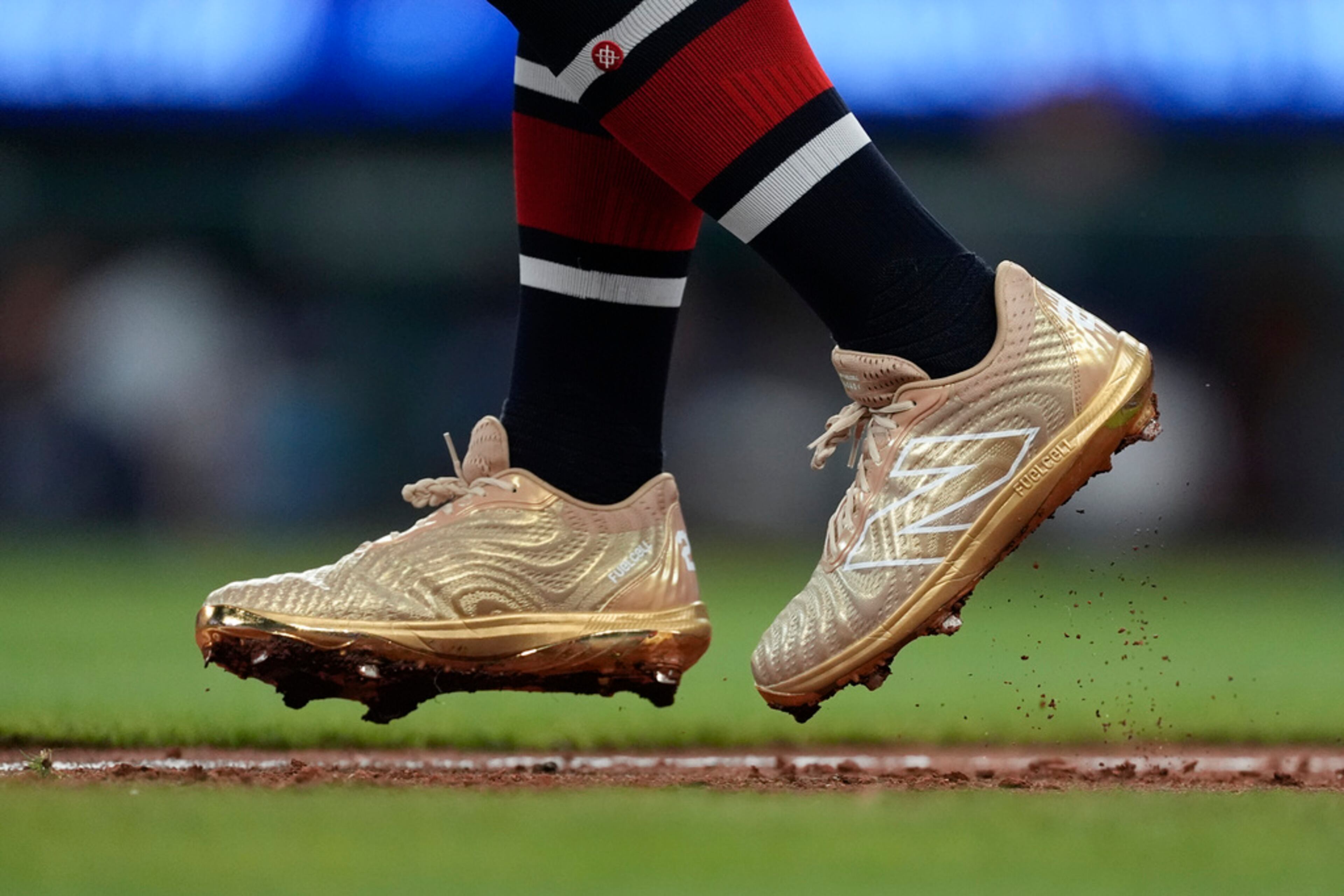 Atlanta Braves center fielder Michael Harris II (23) shoes are shown during baseball game against the Arizona Diamondbacks Saturday, April 6, 2024, in Atlanta. (AP Photo/John Bazemore)