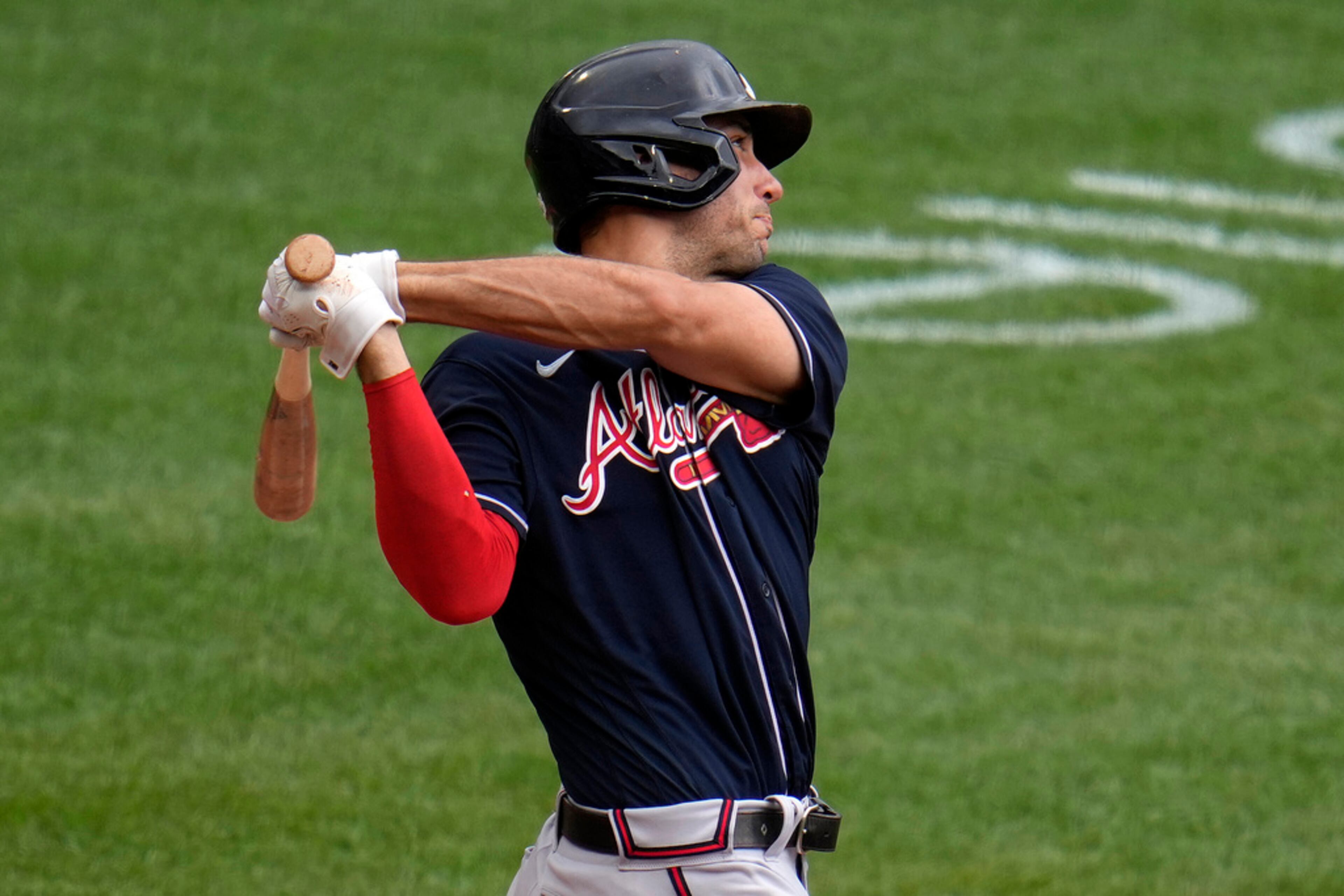 Atlanta Braves' Matt Olson follows through on a solo home run off Pittsburgh Pirates starting pitcher Bailey Falter during the third inning of a baseball game in Pittsburgh, Thursday, Aug. 10, 2023. The Braves lost 7-5. (AP Photo/Gene J. Puskar)