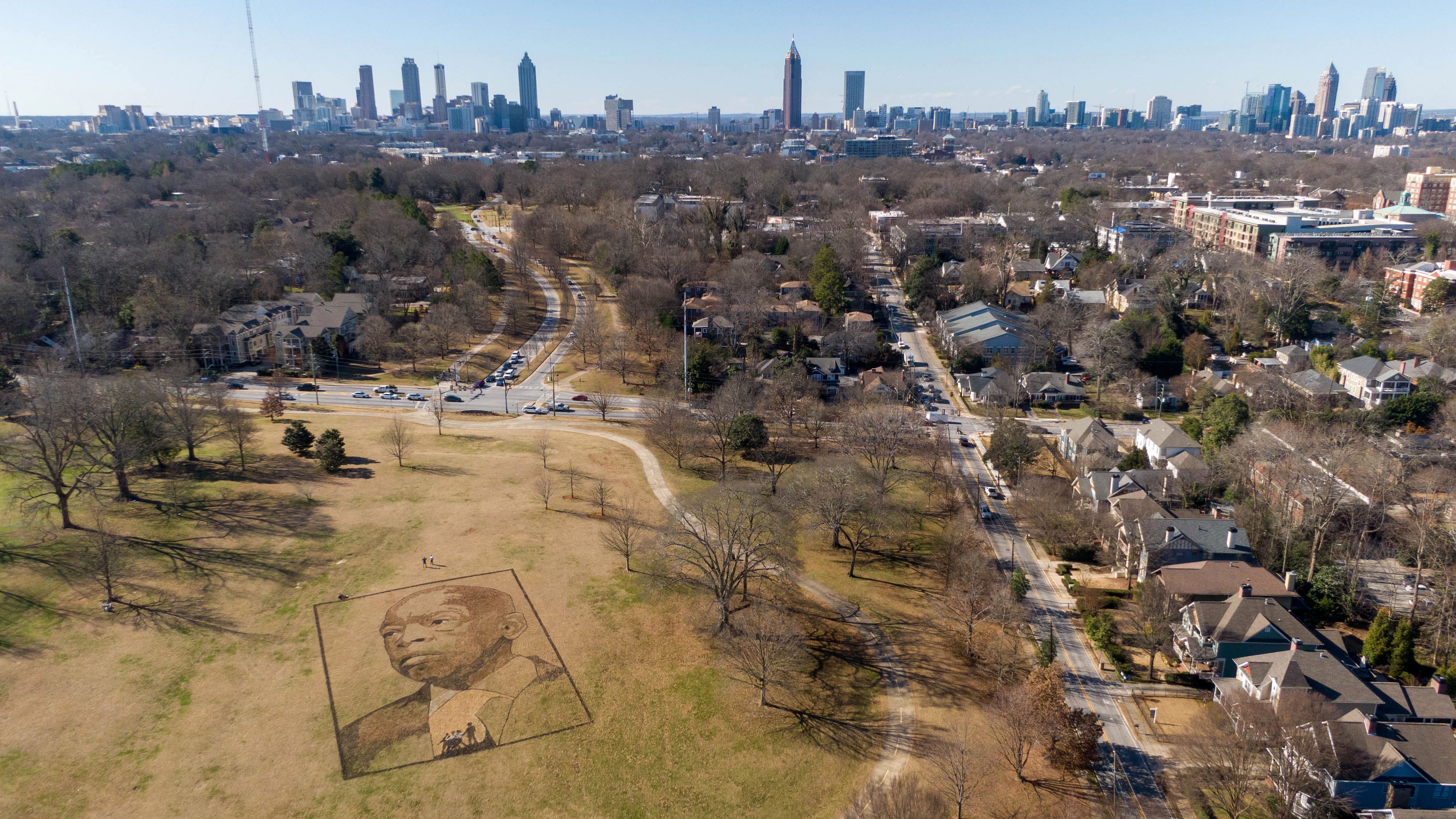 A large image of the late Congressman John Lewis that was created as a tribute by artist Stan Herd can be seen in Freedom Park near the intersection of Moreland and North avenues. Despite rumors to the contrary, Freedom Park is not for sale. (Hyosub Shin/AJC 2021)
