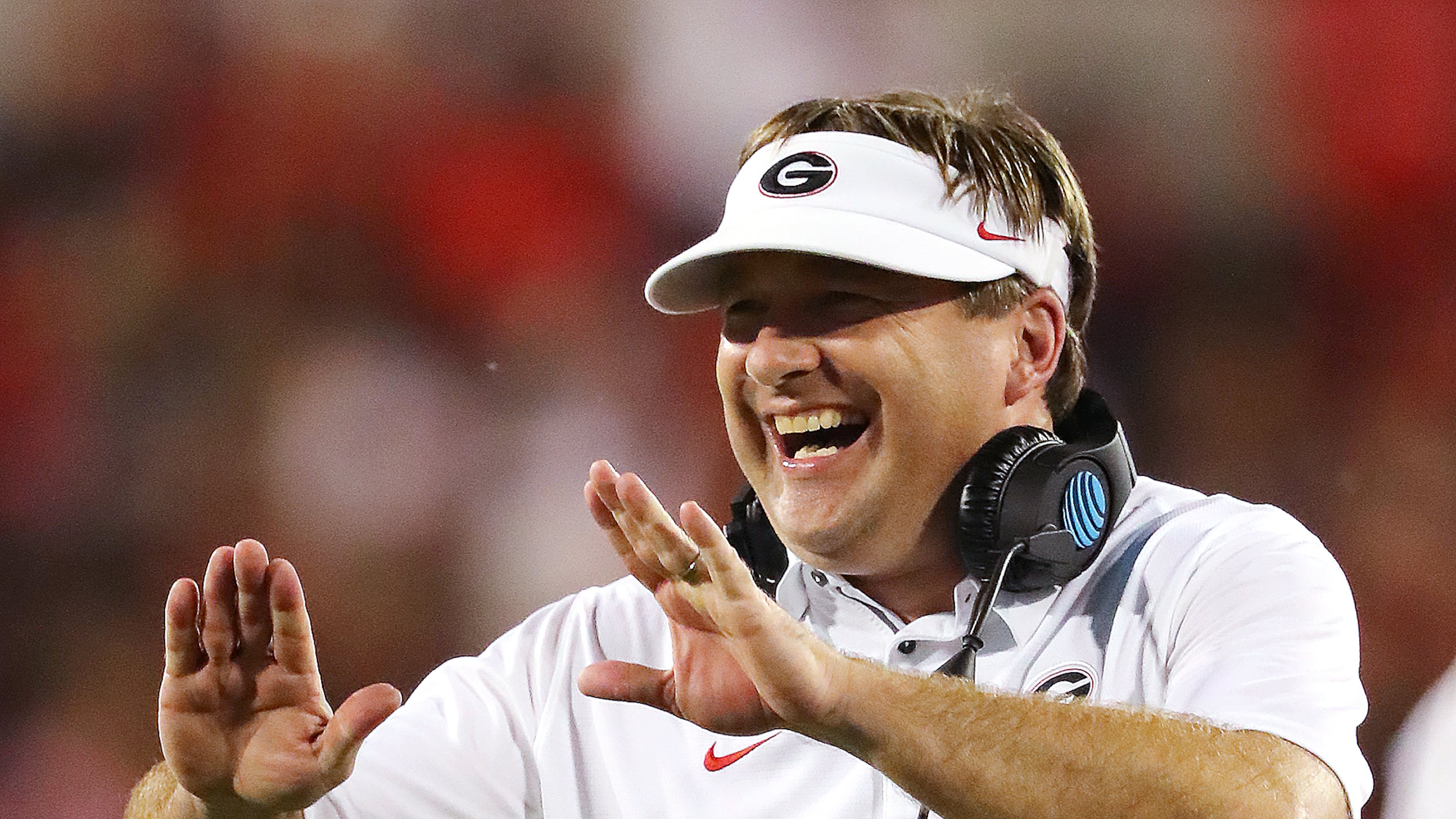 Georgia head coach Kirby Smart is all smiles during the second half of a 31-3 victory over Mississippi State. (Curtis Compton/AJC)