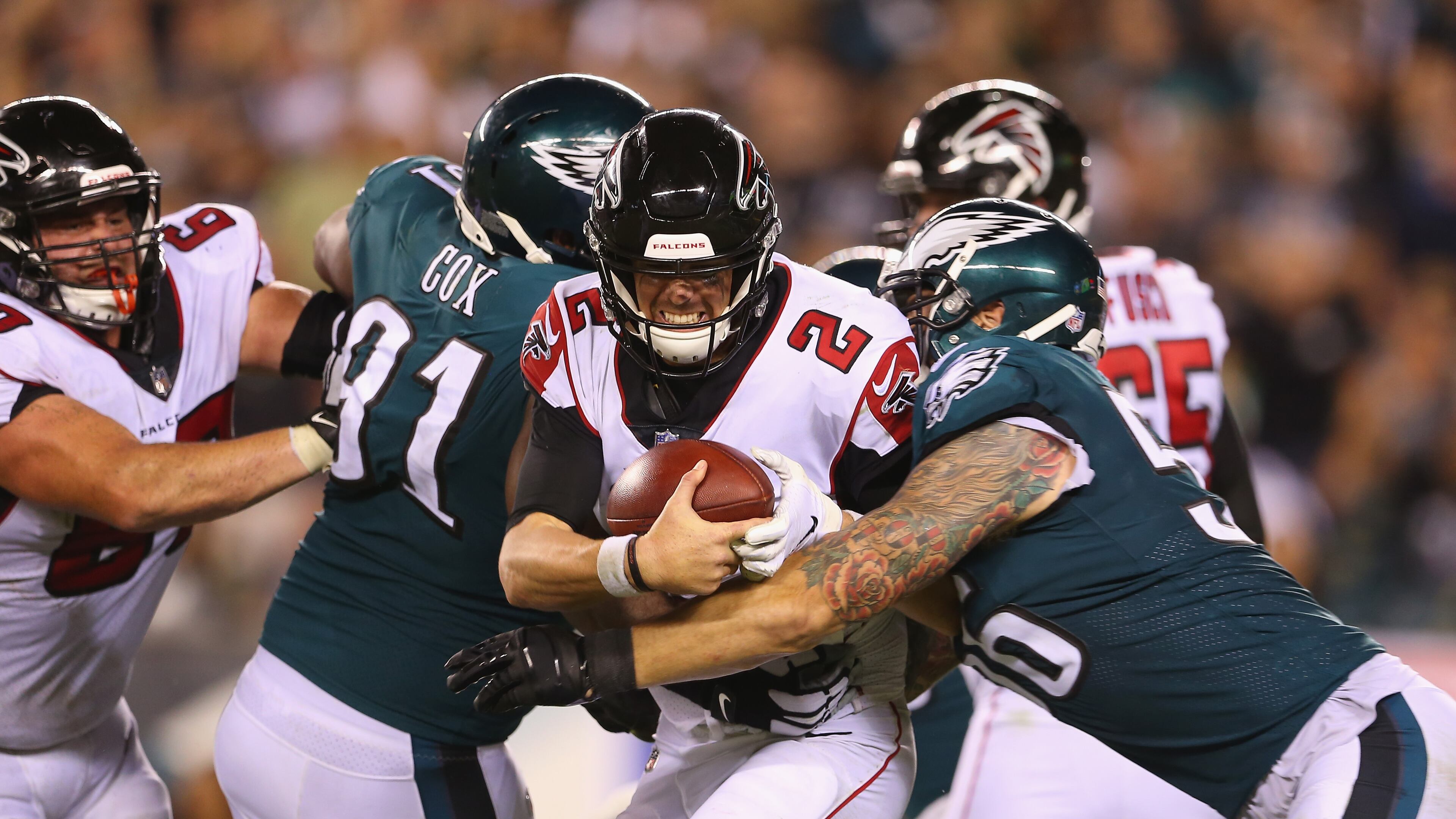PHILADELPHIA, PA - SEPTEMBER 06: Matt Ryan #2 of the Atlanta Falcons is sacked by Chris Long #56 of the Philadelphia Eagles during the fourth quarter at Lincoln Financial Field on September 6, 2018 in Philadelphia, Pennsylvania. (Photo by Mitchell Leff/Getty Images)