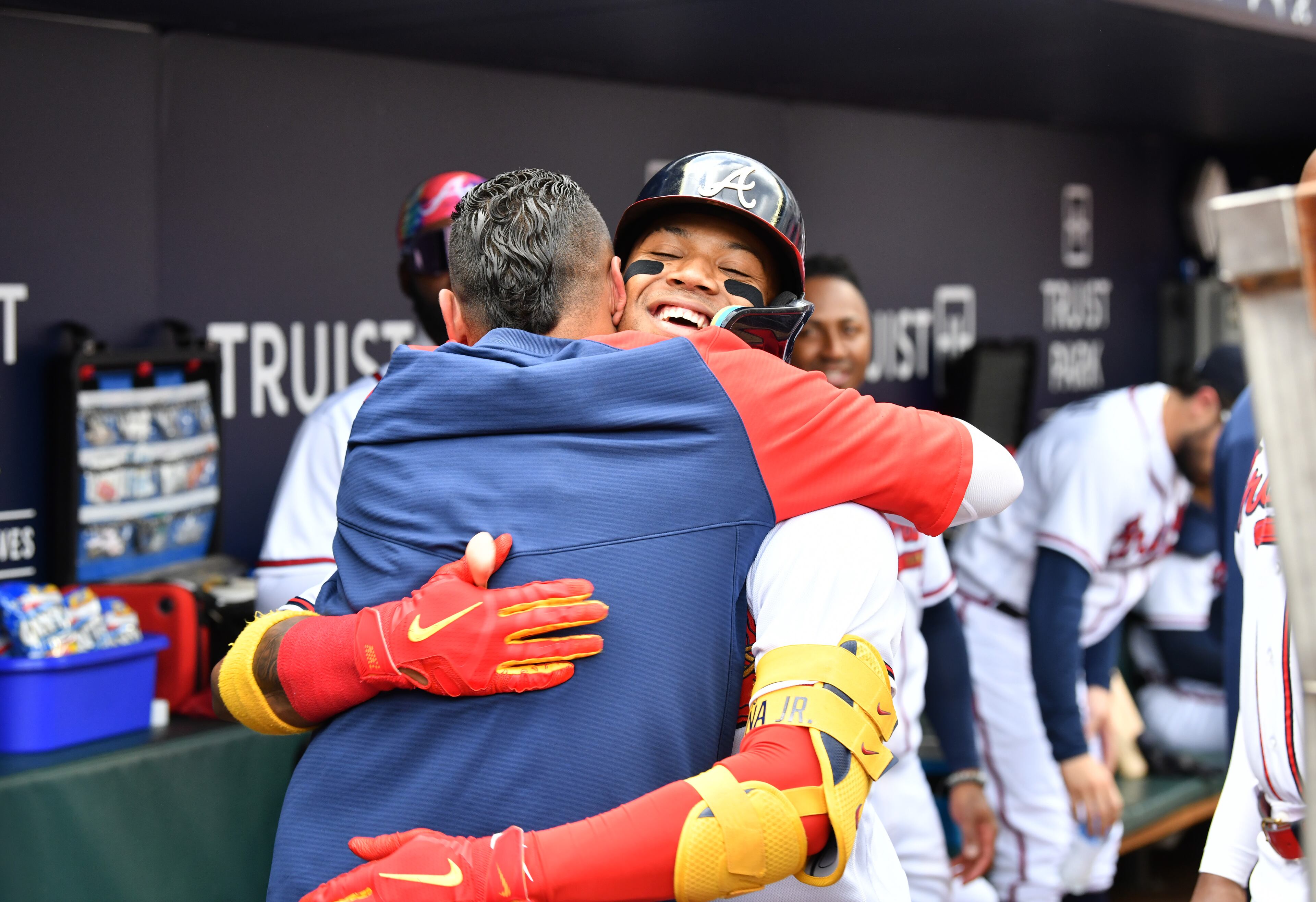 Atlanta Braves' right fielder Ronald Acuna (13) celebrates after hitting a solo home run against Pittsburgh Pirates in the first inning at Truist Park on Saturday, June 11, 2022. (Hyosub Shin / Hyosub.Shin@ajc.com)