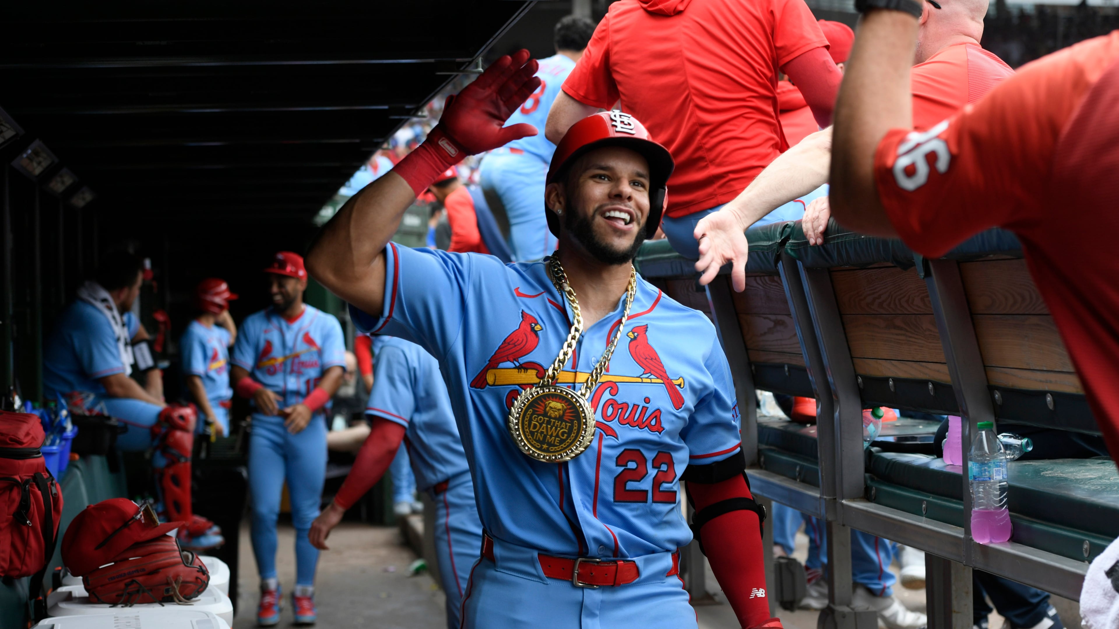 St. Louis Cardinals' Joshua Baez (22) celebrates with teammates in the dugout after hitting a solo home run during the fourth inning of a baseball game against the Chicago Cubs in Chicago, Saturday, Aug. 15, 2026. (AP Photo/Paul Beaty)