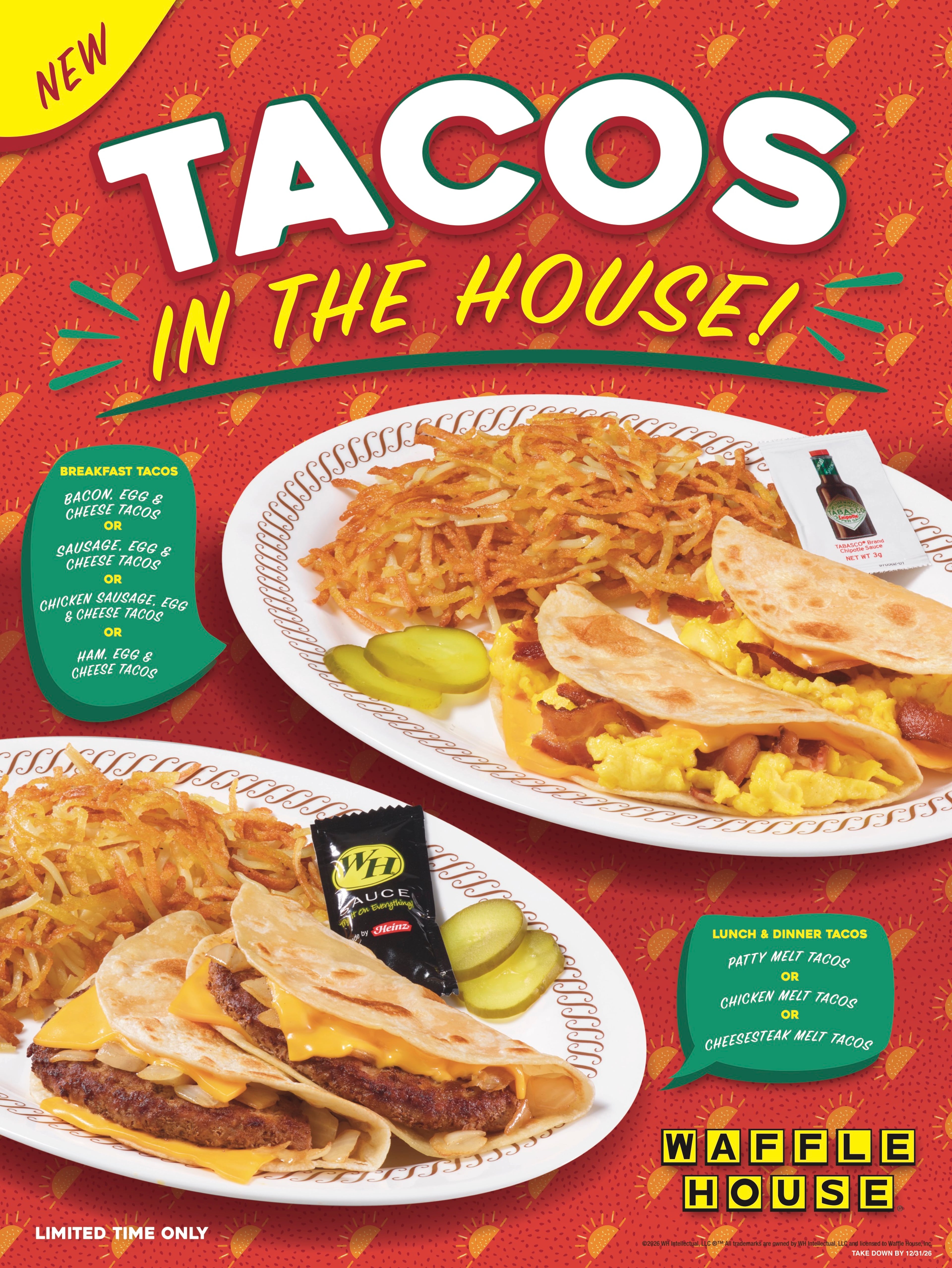 A window cling Waffle House is using to promote its new tacos. The chain is testing the menu item at about 45 Georgia restaurants. (Courtesy of Waffle House)