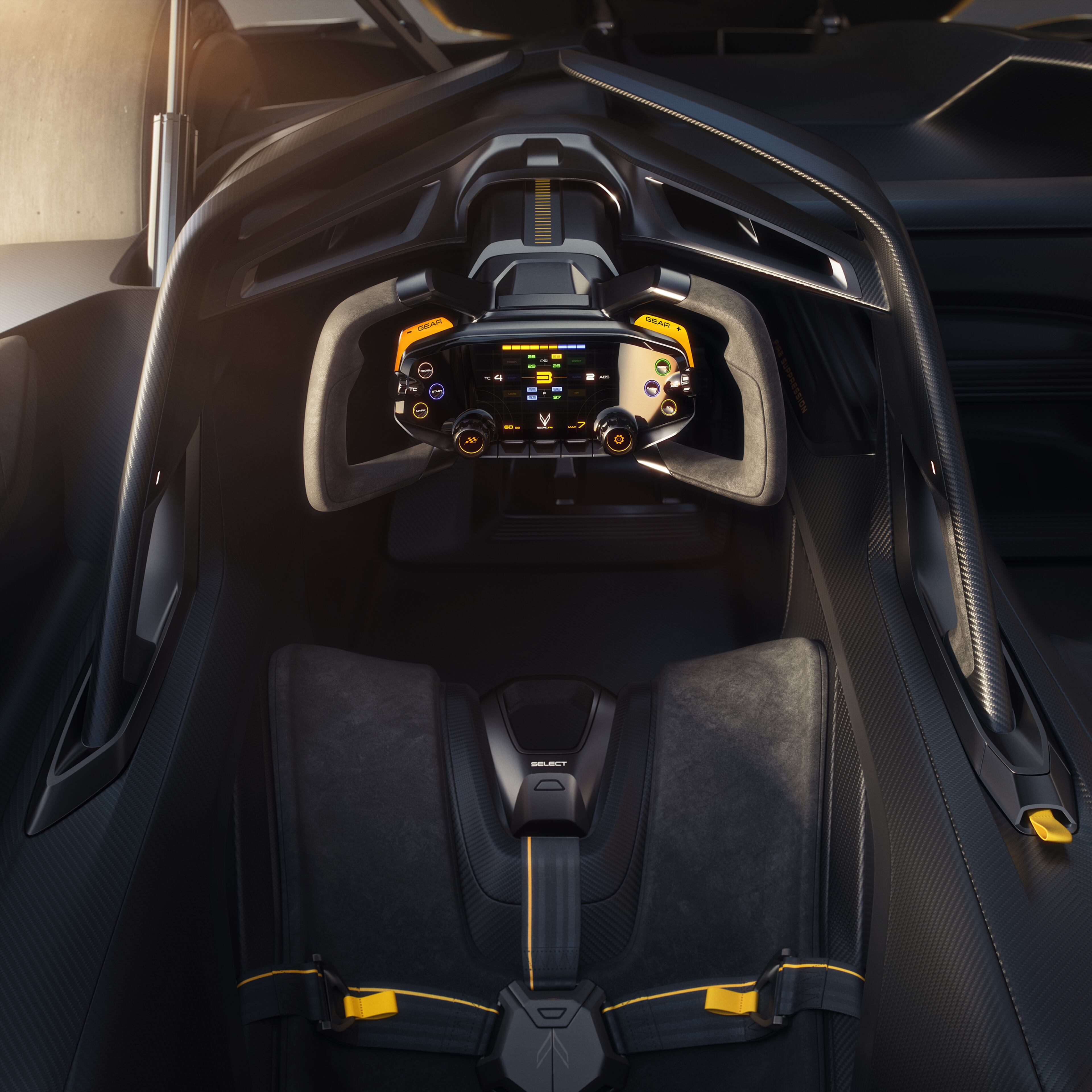 The CX.R’s cockpit contains exposed carbon surfaces and suede-wrapped foam inserts with higher shoulder and head supports to manage high-g loads. Like the CX, the CX.R features an F1-style steering yoke with a central digital display. (Courtesy of Chevrolet)