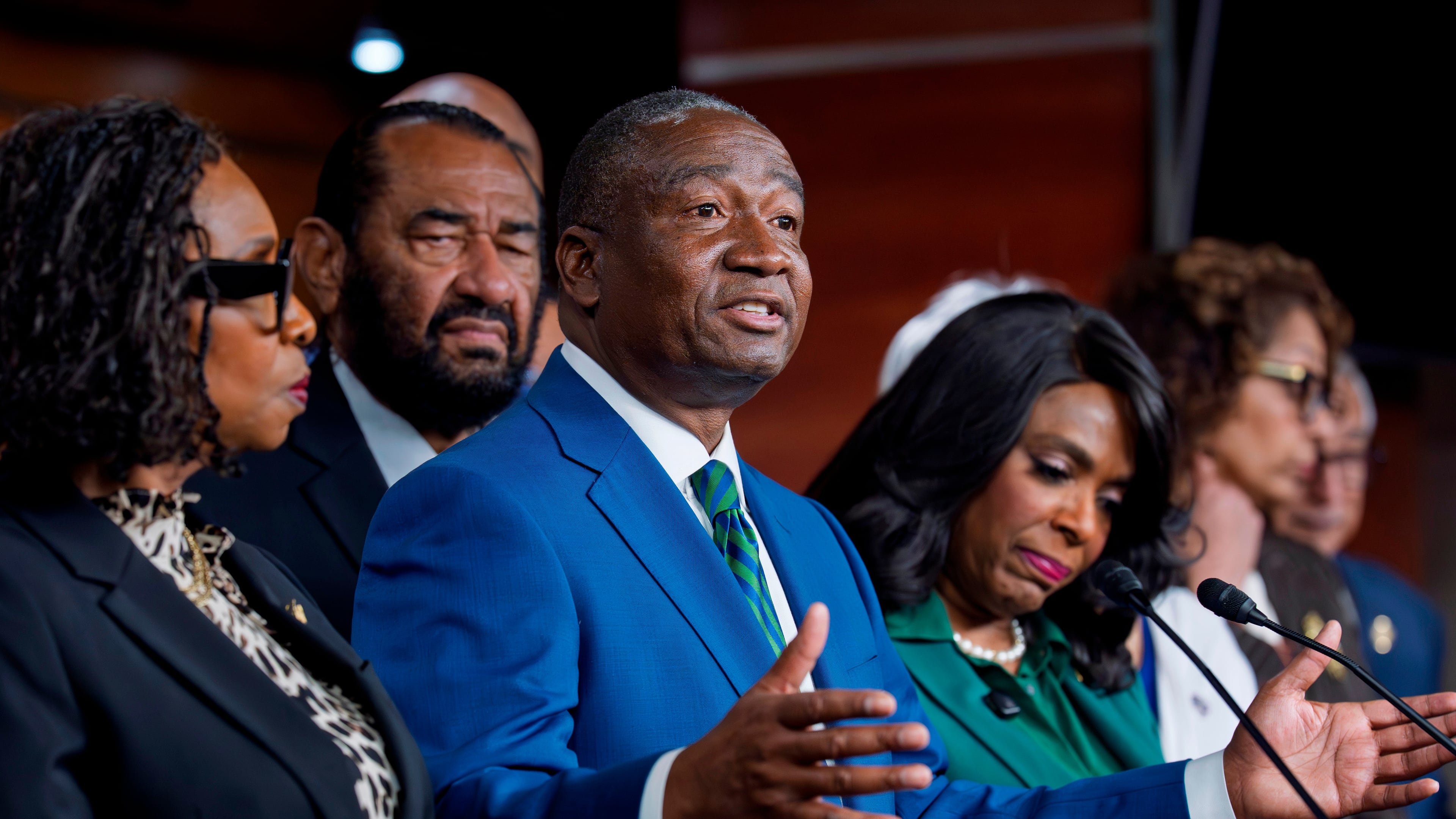 FILE - Rep. Cleo Fields, D-La., center, speaks to reporters at the Capitol in Washington on April 29, 2026. (AP Photo/J. Scott Applewhite, File)