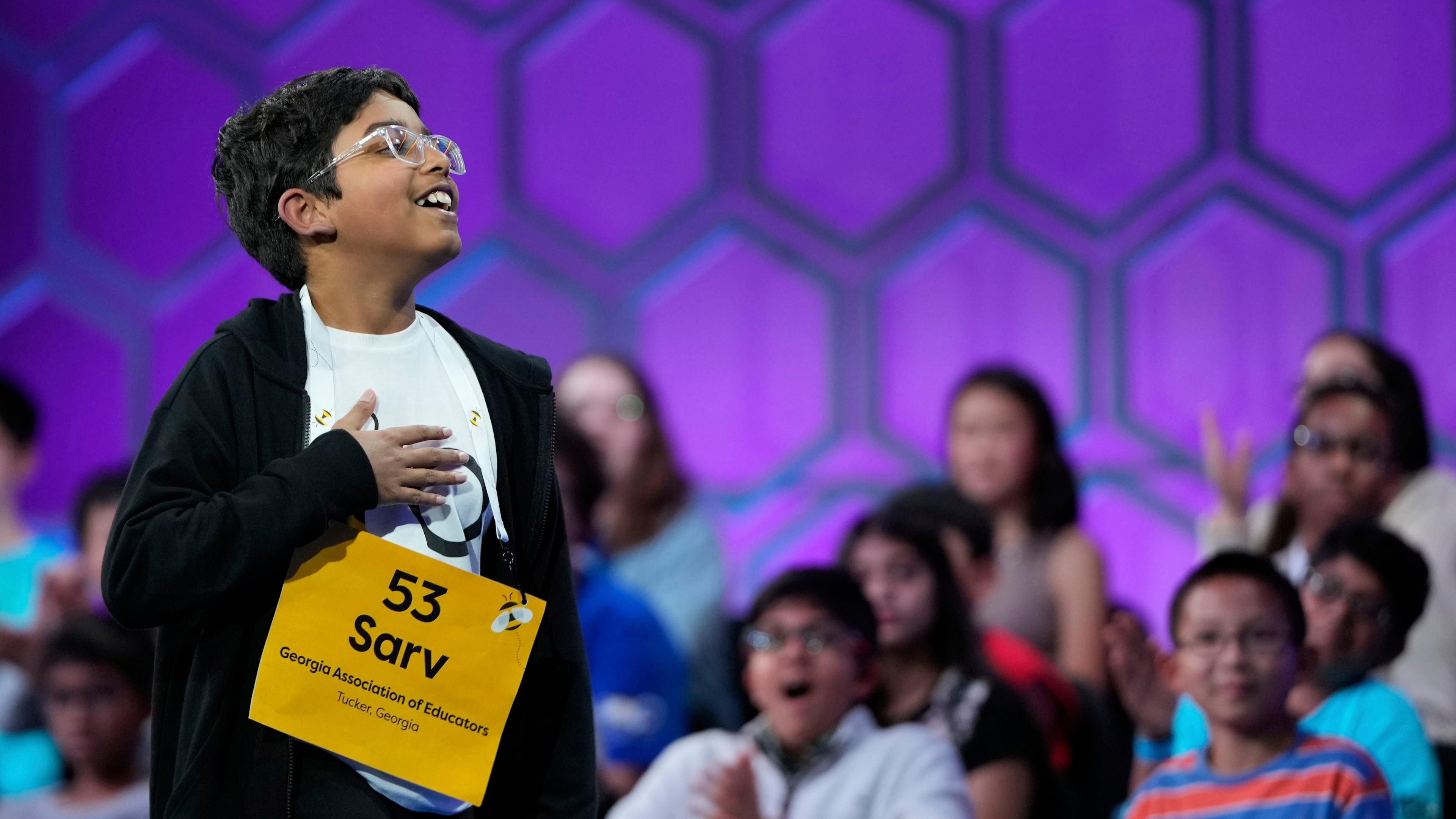 Sarv Dharavane, 11, of Tucker, reacts after spelling his word correctly in the finals of the Scripps National Spelling Bee on Thursday, May 29, 2025, in Oxon Hill, Md. (Julia Demaree Nikhinson/AP 2025)