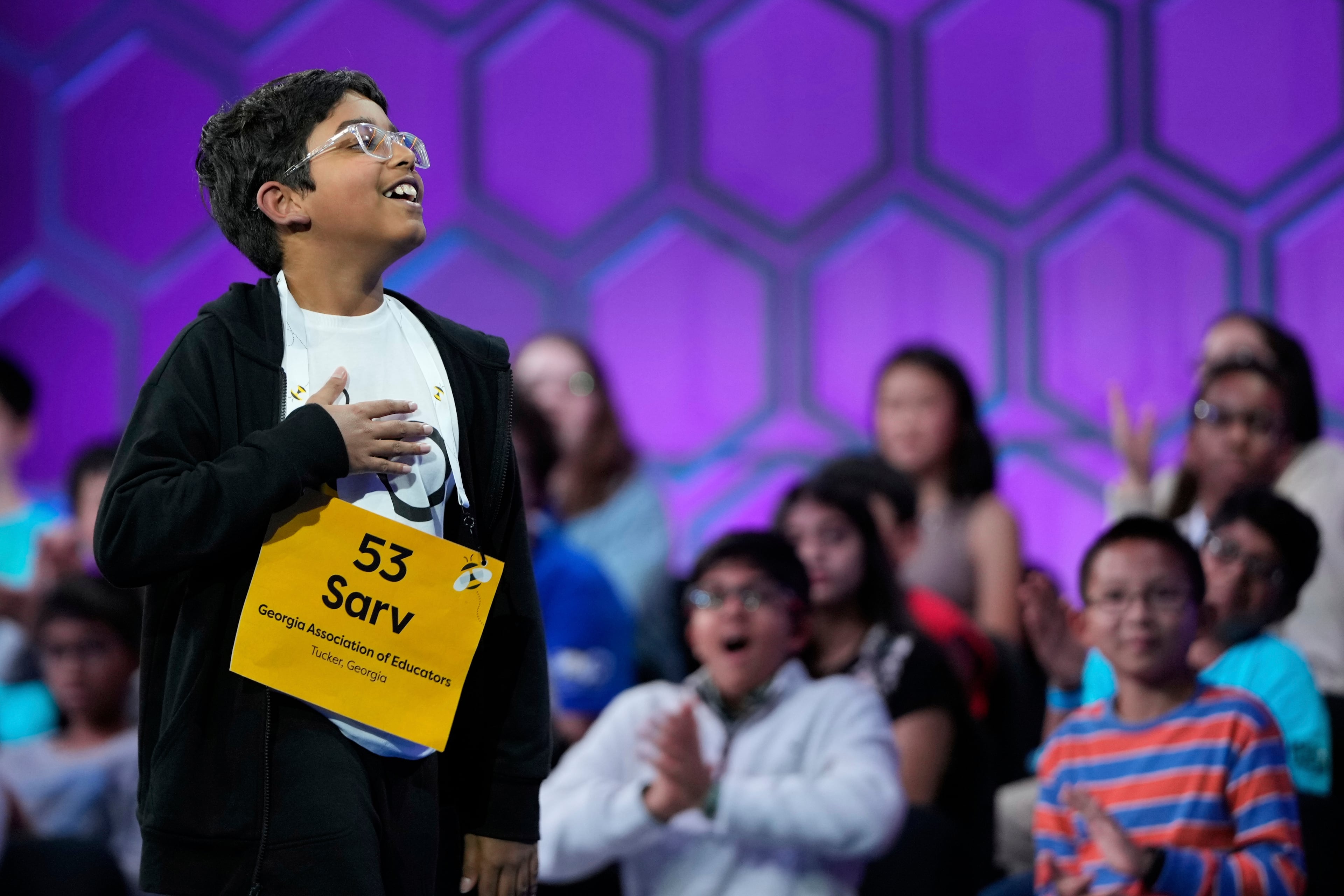 Sarv Dharavane, 11, of Tucker, reacts after spelling his word correctly in the finals of the Scripps National Spelling Bee on Thursday, May 29, 2025, in Oxon Hill, Md. (Julia Demaree Nikhinson/AP 2025)