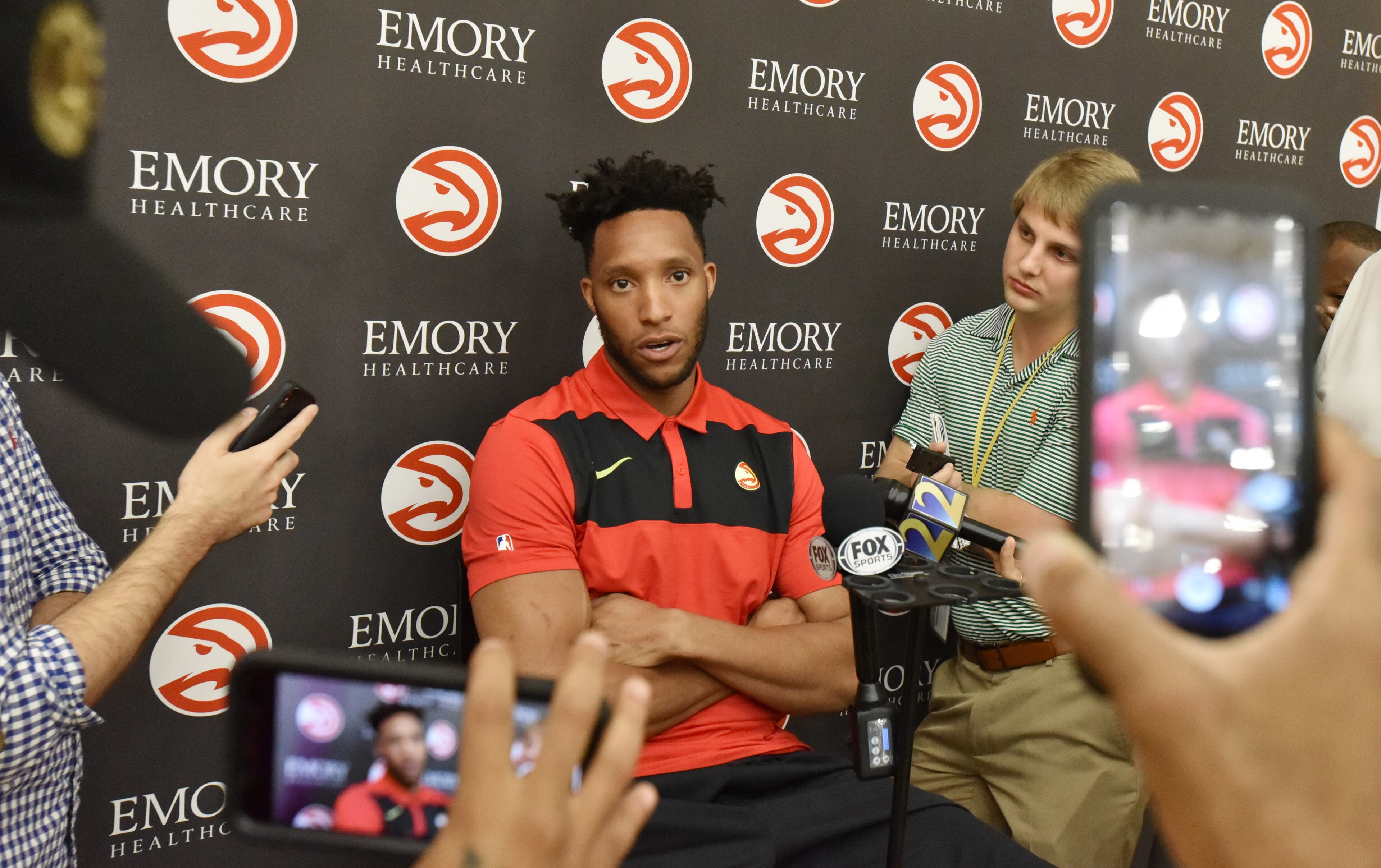 Hawks guard Evan Turner speaks during a press conference. HYOSUB SHIN / HSHIN@AJC.COM