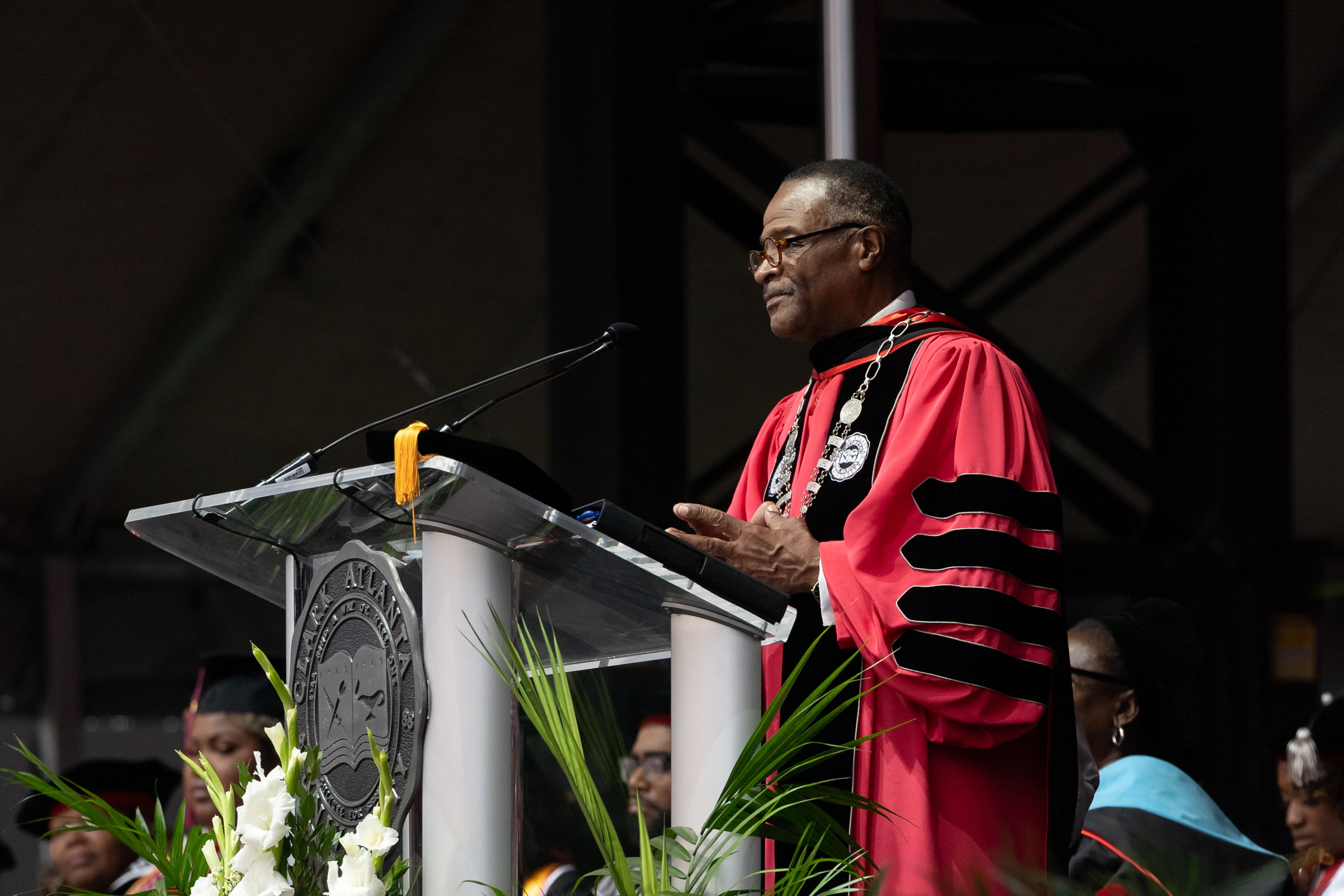 Graduates, faculty and family gather for the Clark Atlanta University 35th annual commencement convocation on Saturday, May 18, 2024. (Ben Hendren for The Atlanta Journal-Constitution)