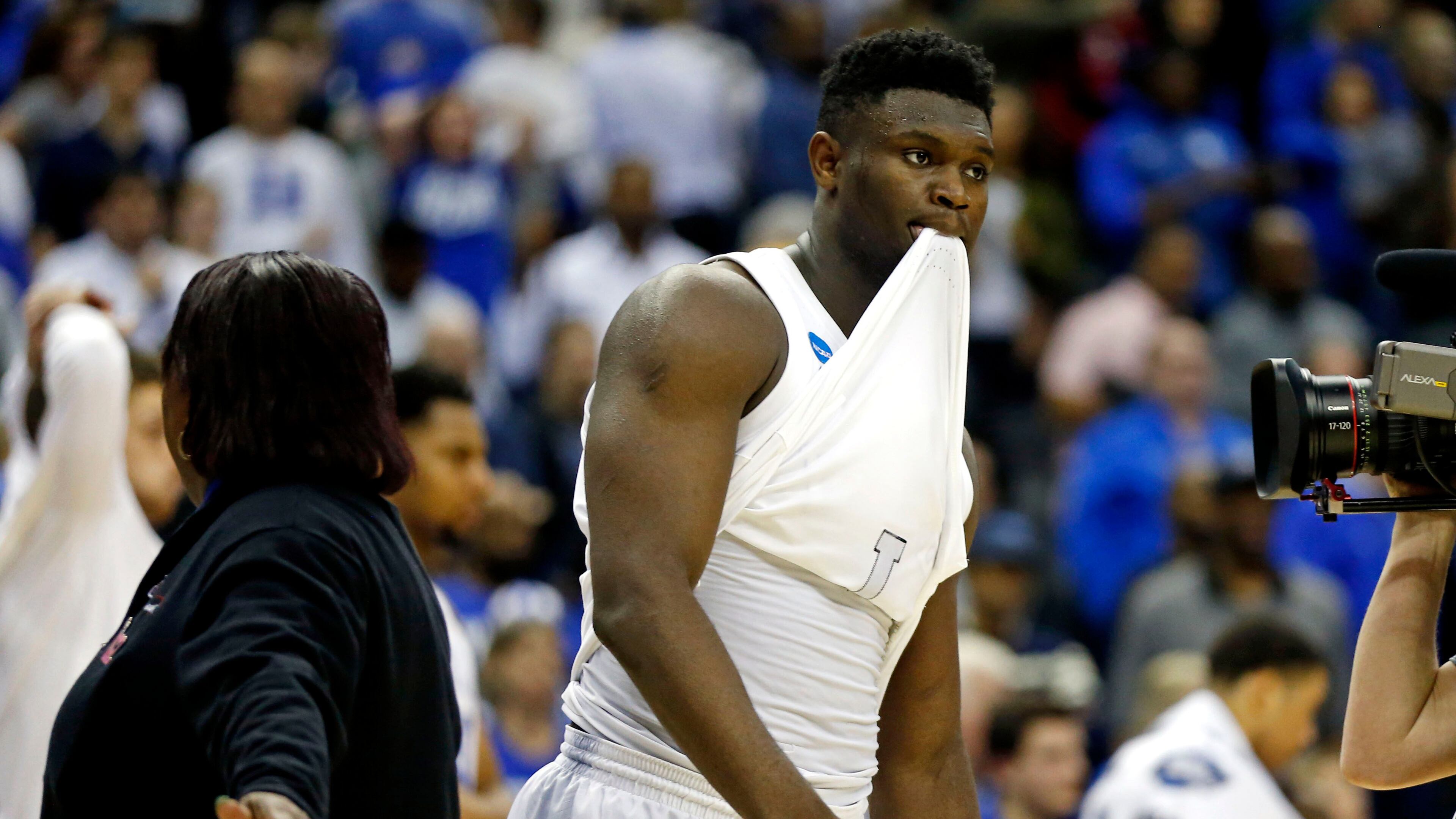 Zion Williamson reacts after Duke's loss to Michigan State.