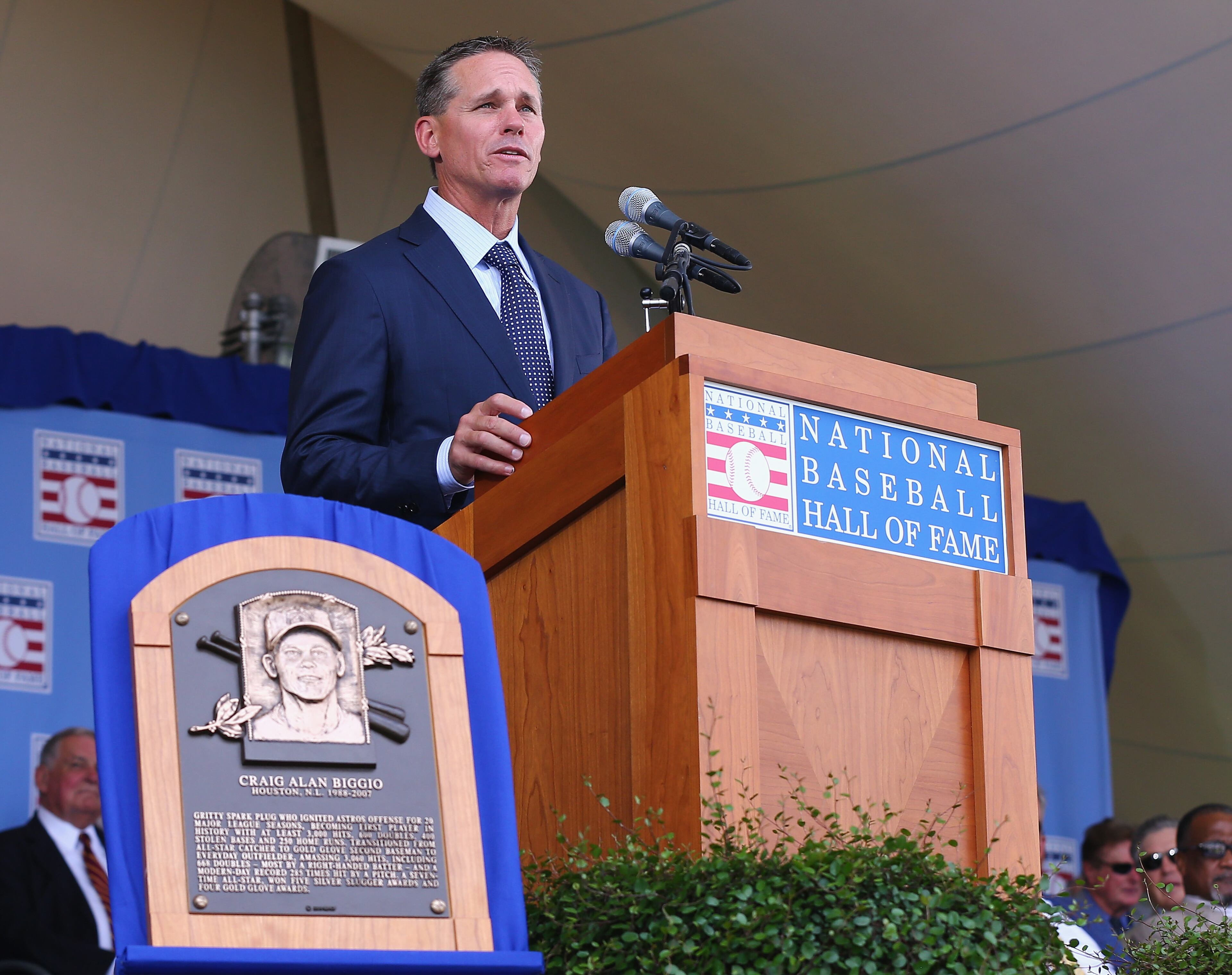 COOPERSTOWN, NY - JULY 26: Craig Biggio speaks during the Hall of Fame Induction Ceremony at National Baseball Hall of Fame on July 26, 2015 in Cooperstown, New York. Biggio was inducted with Pedro Martinez,Randy Johnson and John Smoltz (Photo by Elsa/Getty Images)