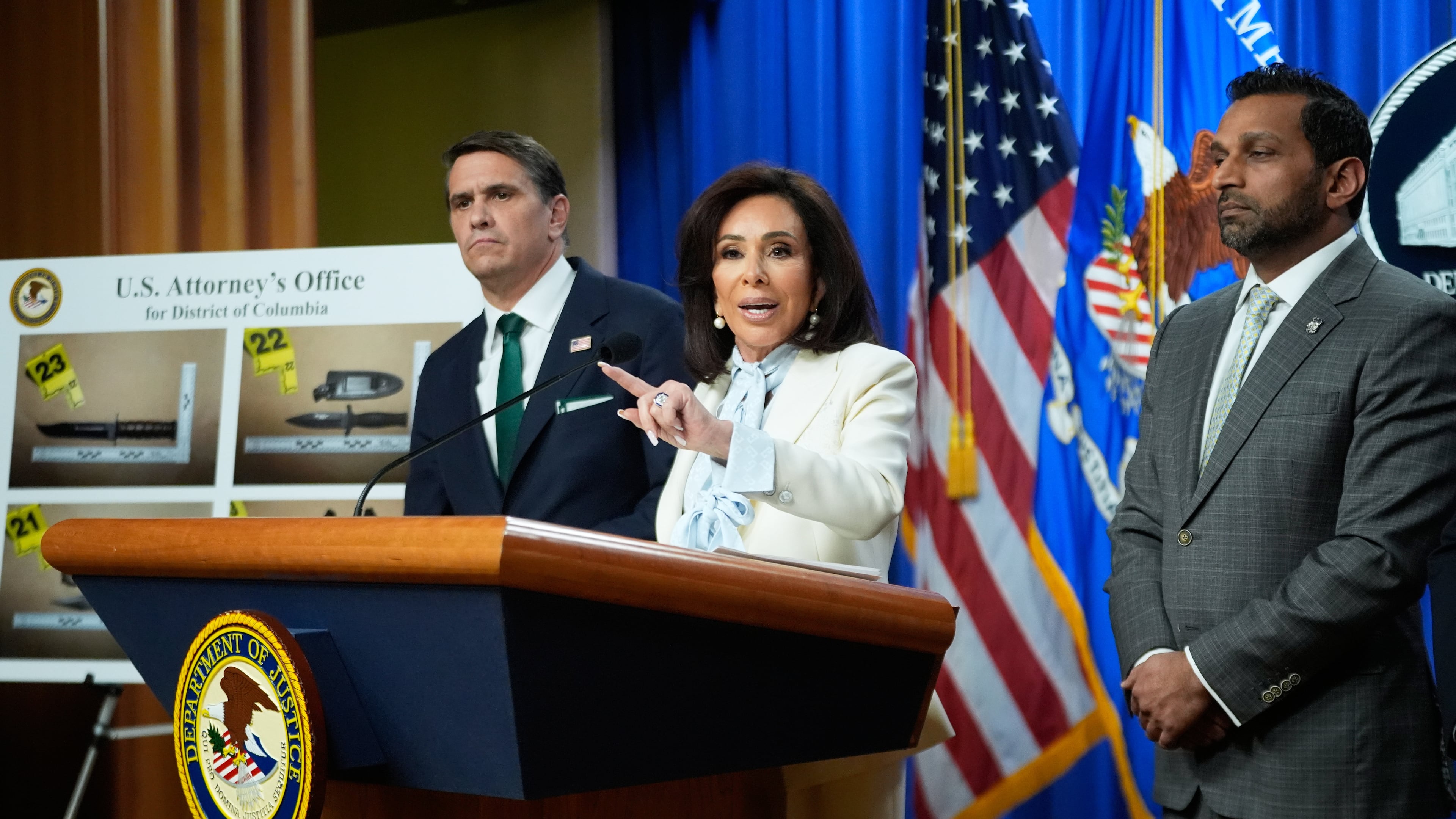 From left, Acting Attorney General Todd Blanche, U.S. Attorney Jeanine Pirro and FBI Director Kash Patel, speak during a news conference at the Department of Justice, on Monday April 27, 2026, in Washington, following the initial appearance in federal court of the suspected White House Correspondents Dinner gunman, Cole Tomas Allen of Torrance, California. (AP Photo/Manuel Balce Ceneta)