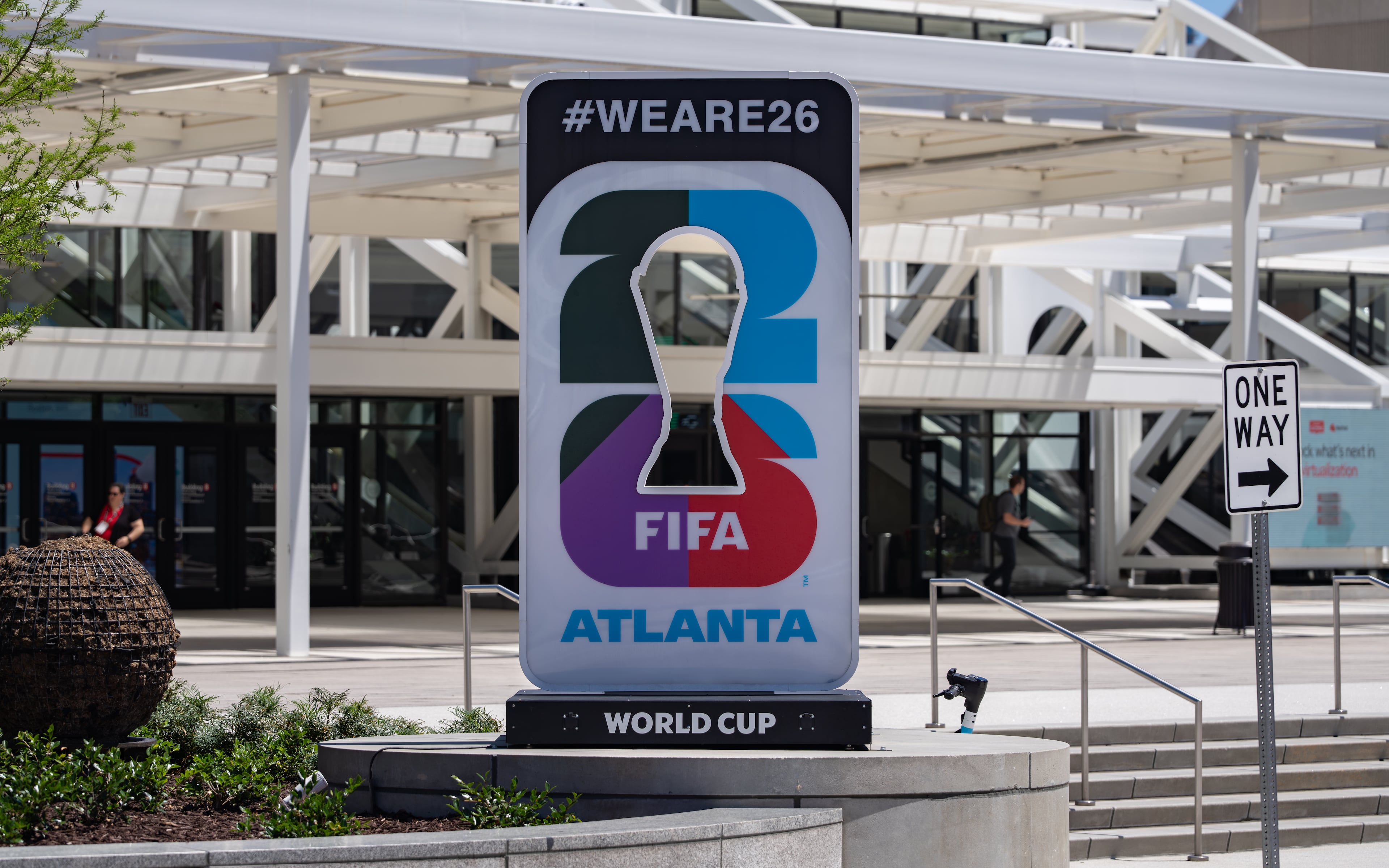 The area around the GWCC and Mercedes-Benz stadium is gussied up for the World Cup. (Ben Hendren/AJC)