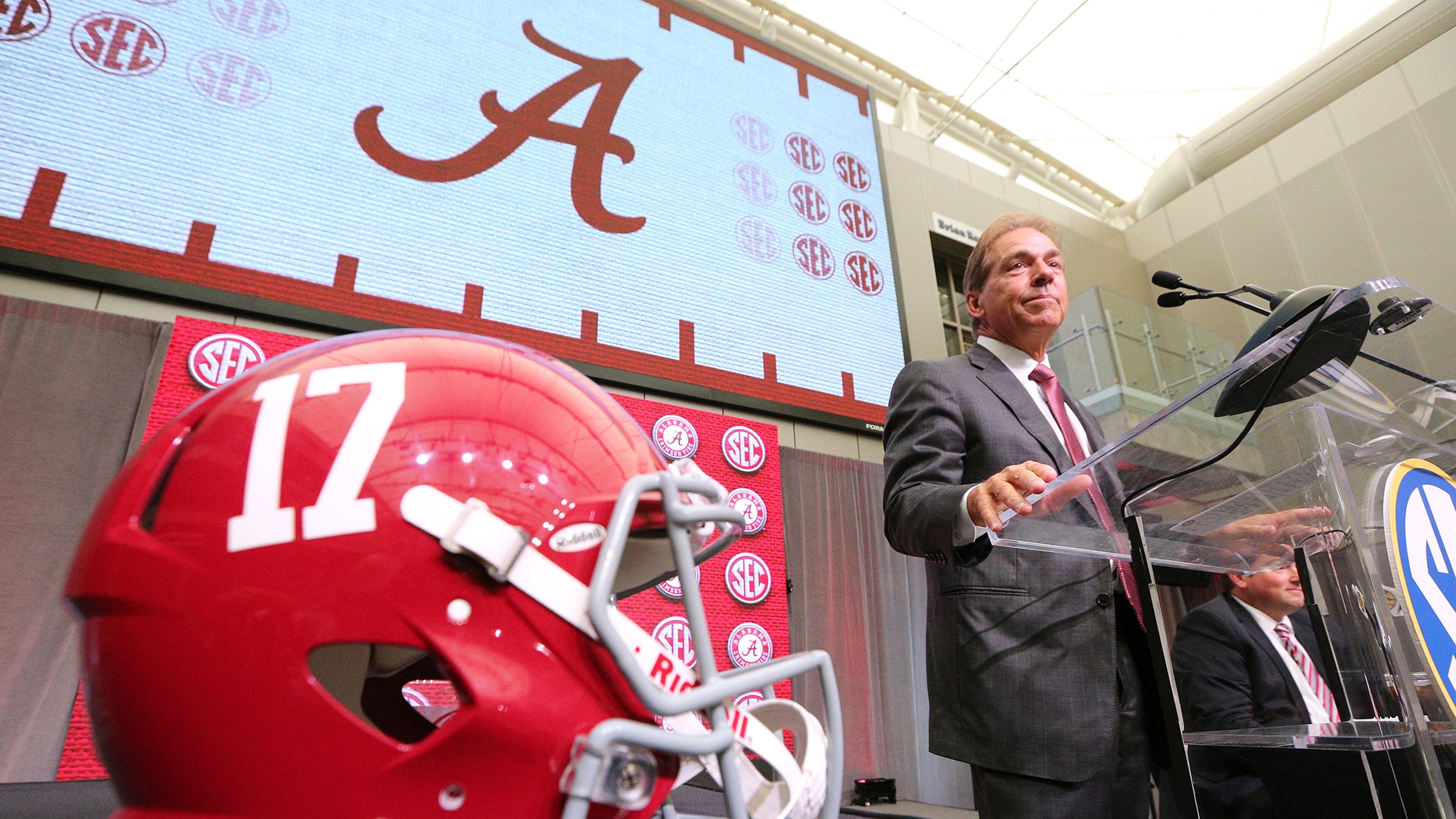 Alabama head coach Nick Saban holds his SEC Media Days press conference at the College Football Hall of Fame on Wednesday, July 18, 2018, in Atlanta. Curtis Compton/ccompton@ajc.com