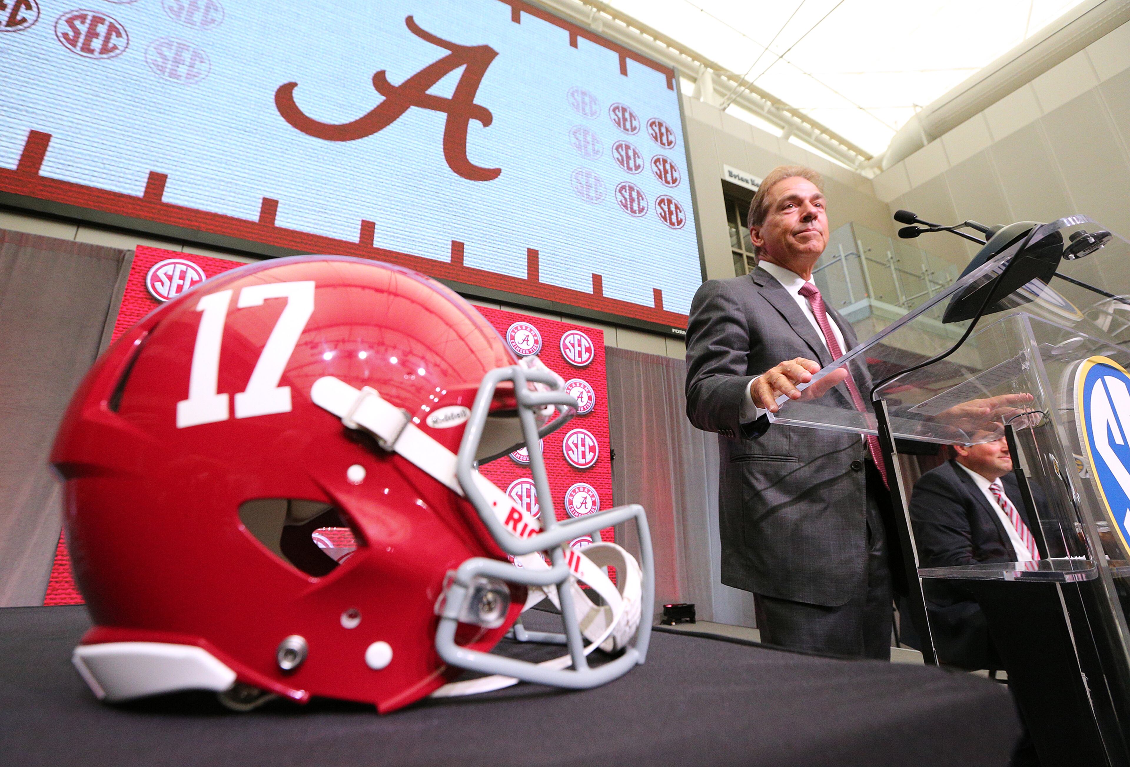 Alabama head coach Nick Saban holds his SEC Media Days press conference at the College Football Hall of Fame on Wednesday, July 18, 2018, in Atlanta. Curtis Compton/ccompton@ajc.com