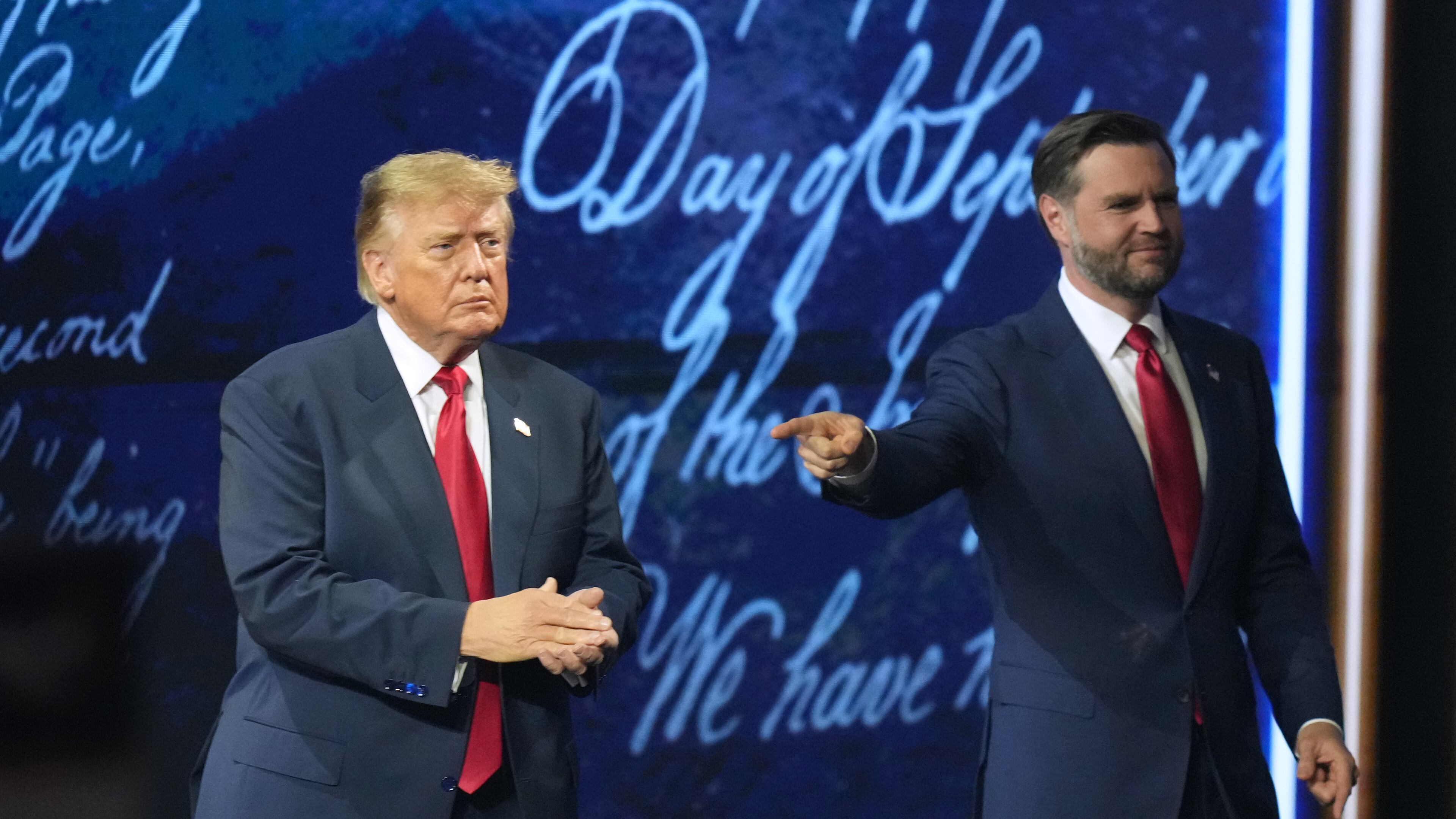Vice President JD Vance points to President Donald Trump at the Republican convention Thursday, Sept. 10, 2026, in Dallas. (AP Photo/Alex Brandon)