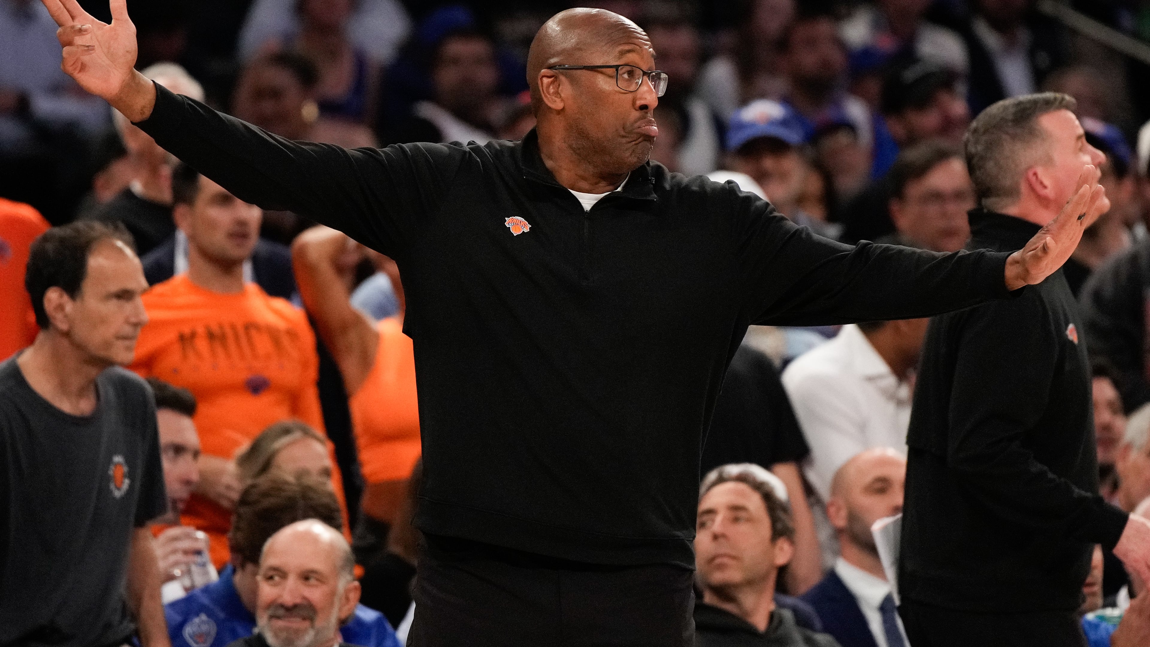 New York Knicks head coach Mike Brown reacts during Game 3 of the NBA Finals basketball series against the San Antonio Spurs, Monday, June 8, 2026, in New York. (AP Photo/Ross D. Franklin)