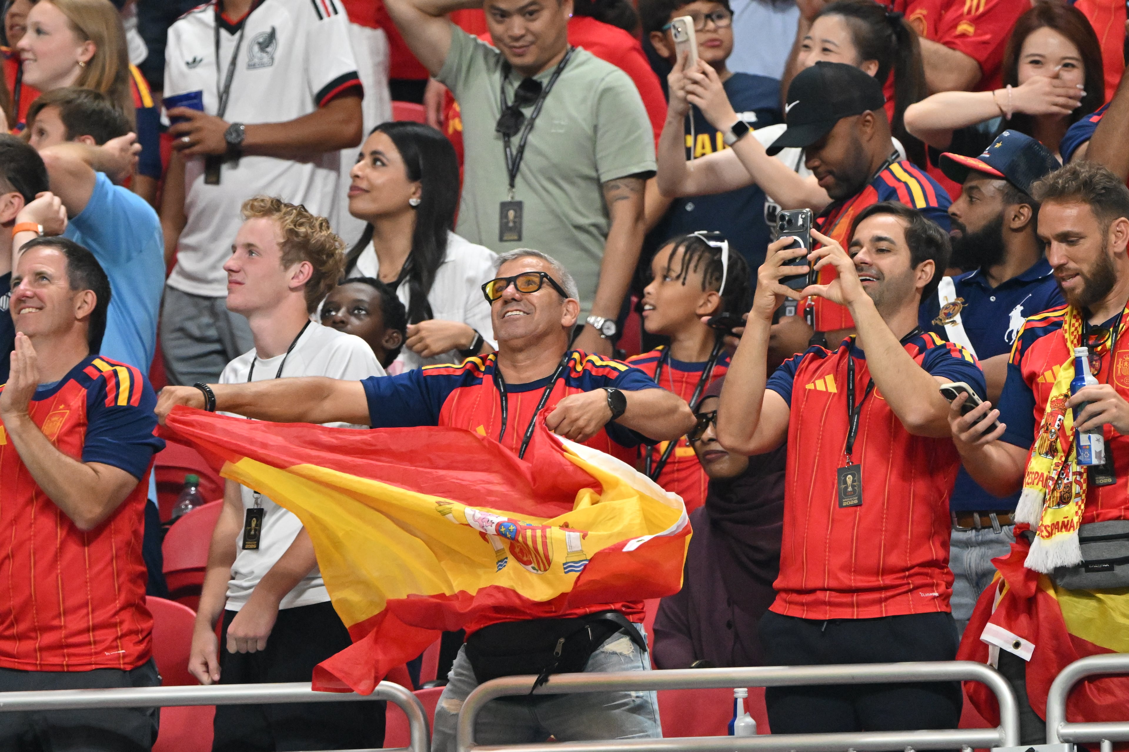 Spain fans celebrate going ahead 3-0 during during the first half of the Spain vs. Saudi Arabia World Cup match Sunday, June 21, 2026, at Atlanta Stadium. (Hyosub Shin/AJC)