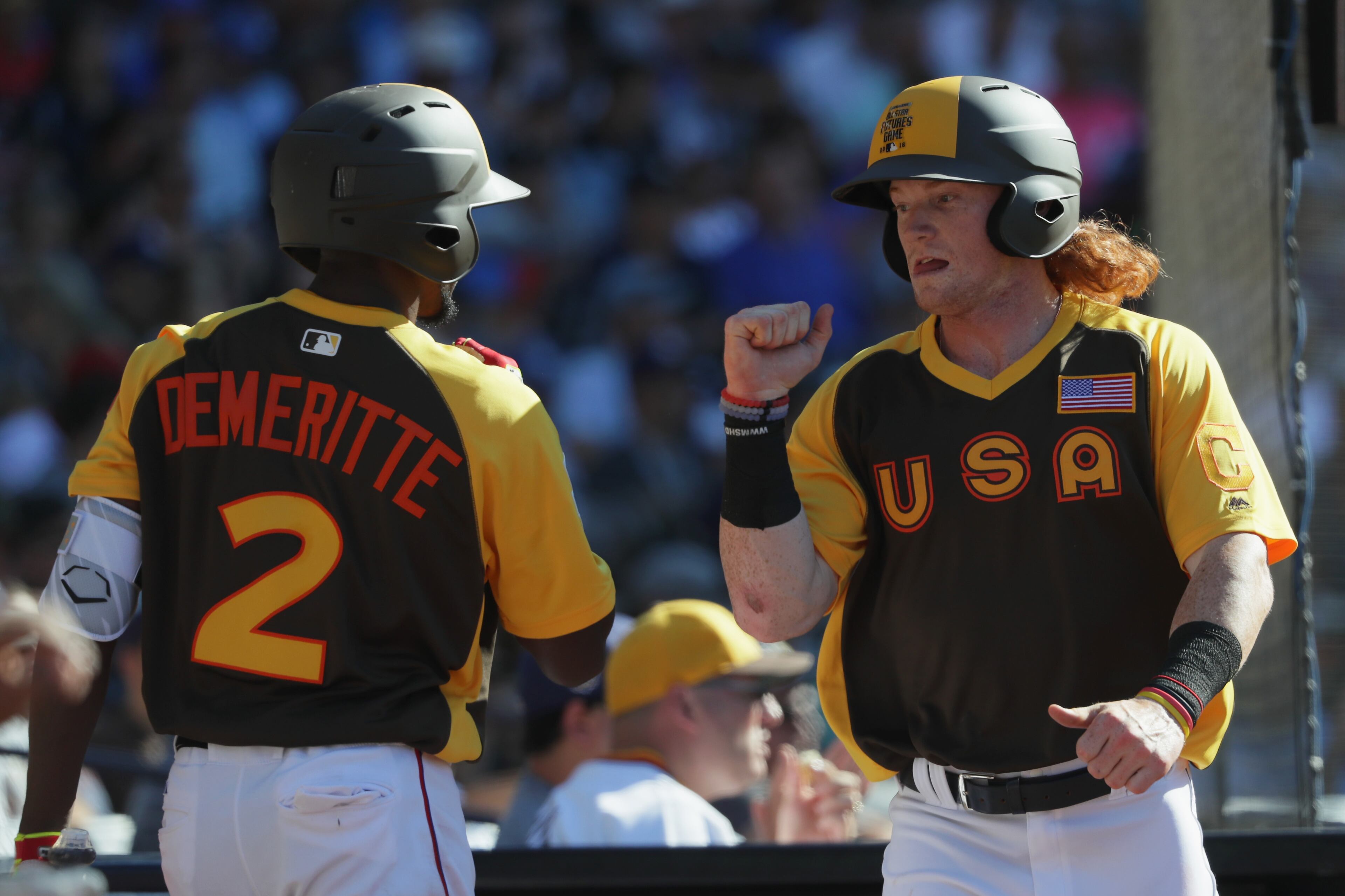 Clint Frazier (left) is congratulated by Travis Demeritte of the U.S. team during the SiriusXM All-Star Futures Game at PETCO Park on July 10, 2016 in San Diego, California. (Photo by Sean M. Haffey/Getty Images)