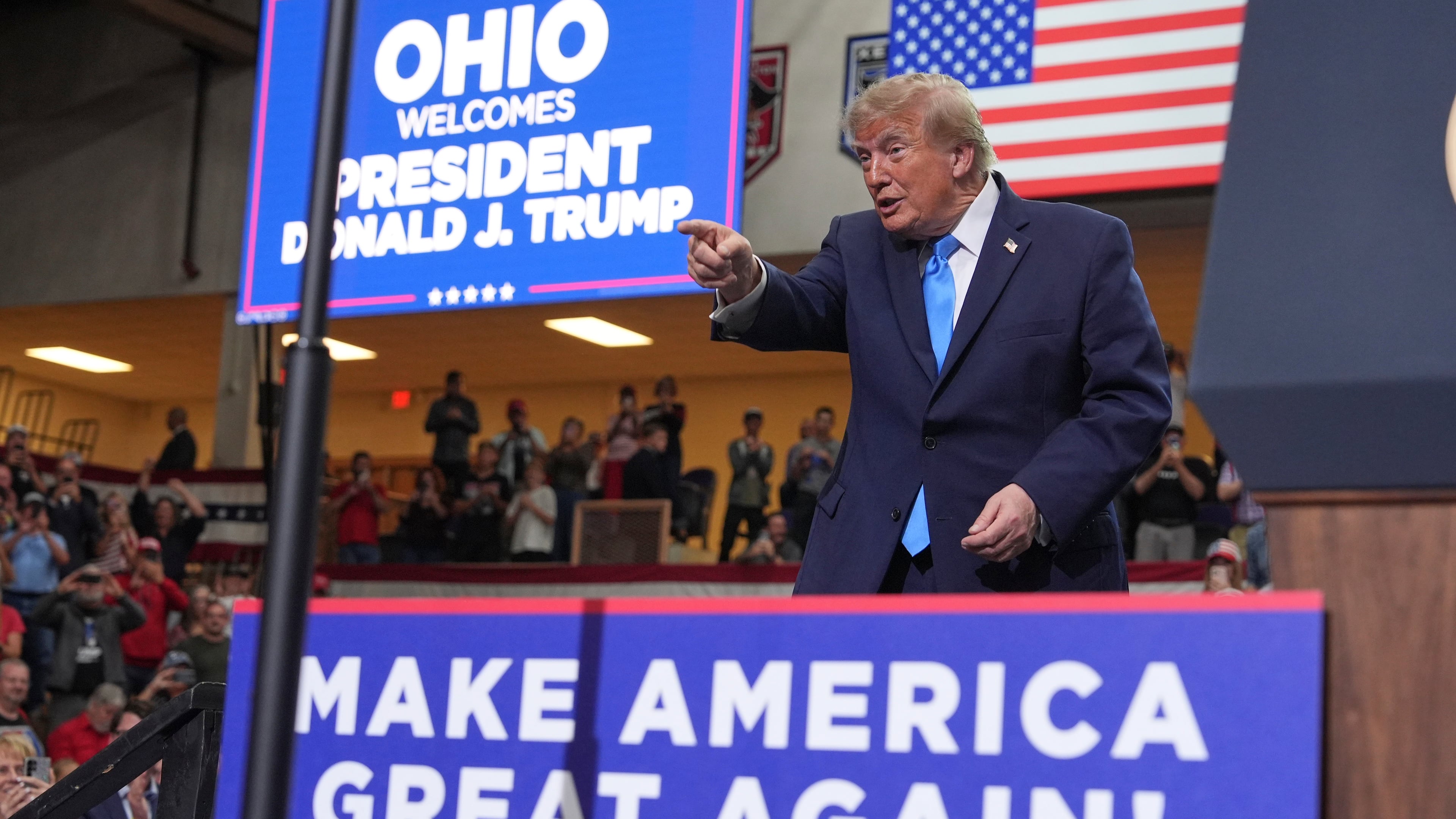 President Donald Trump departs after speaking during an event at Butler High School in Vandalia, Ohio, Saturday, Oct. 3, 2026. (AP Photo/Mark Schiefelbein)