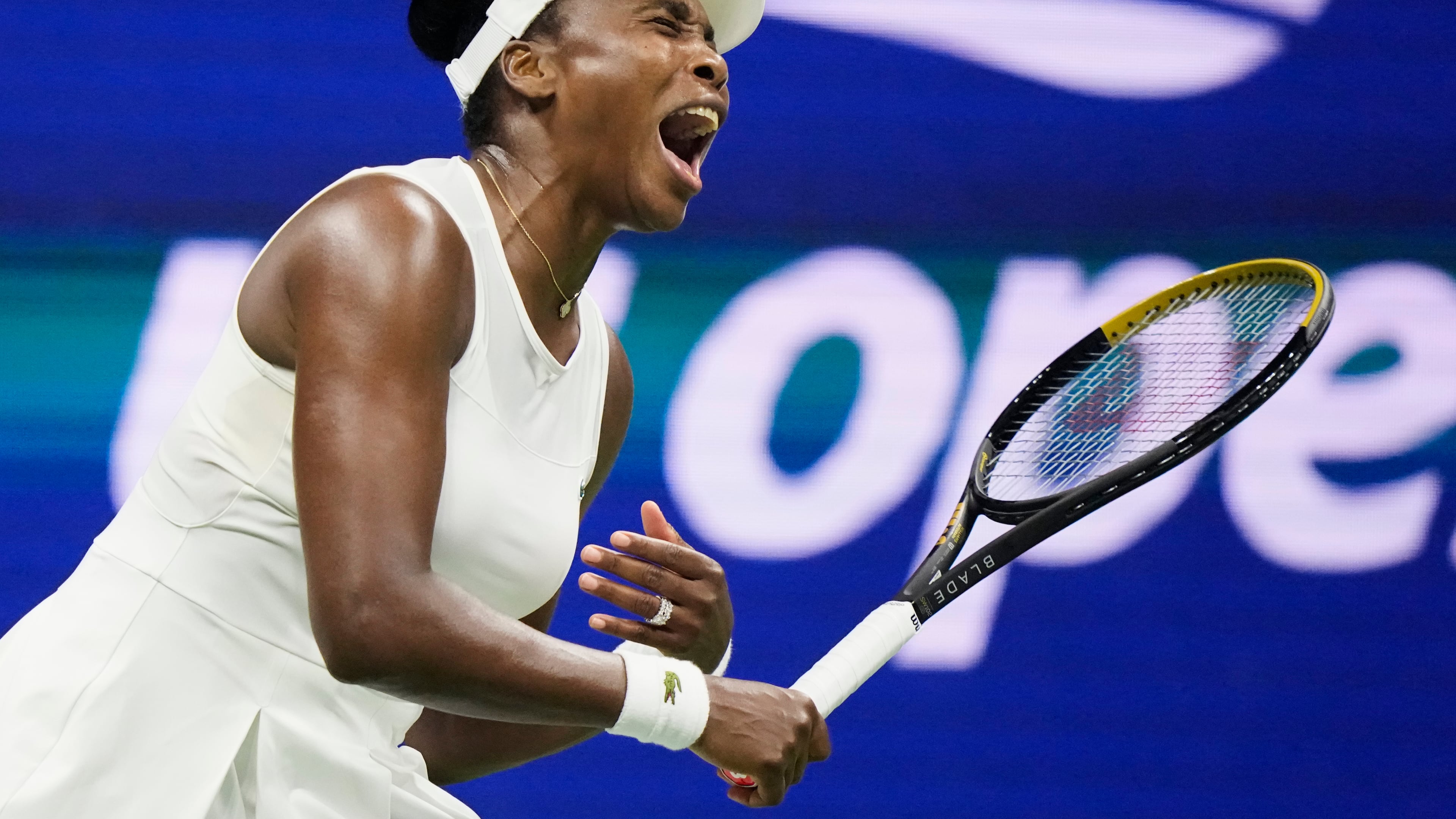 Venus Williams, of the United States, reacts during her first round match against compatriot Sofia Kenin at the U.S. Open tennis championships, Monday, Aug. 31, 2026, in New York. (AP Photo/Frank Franklin II)