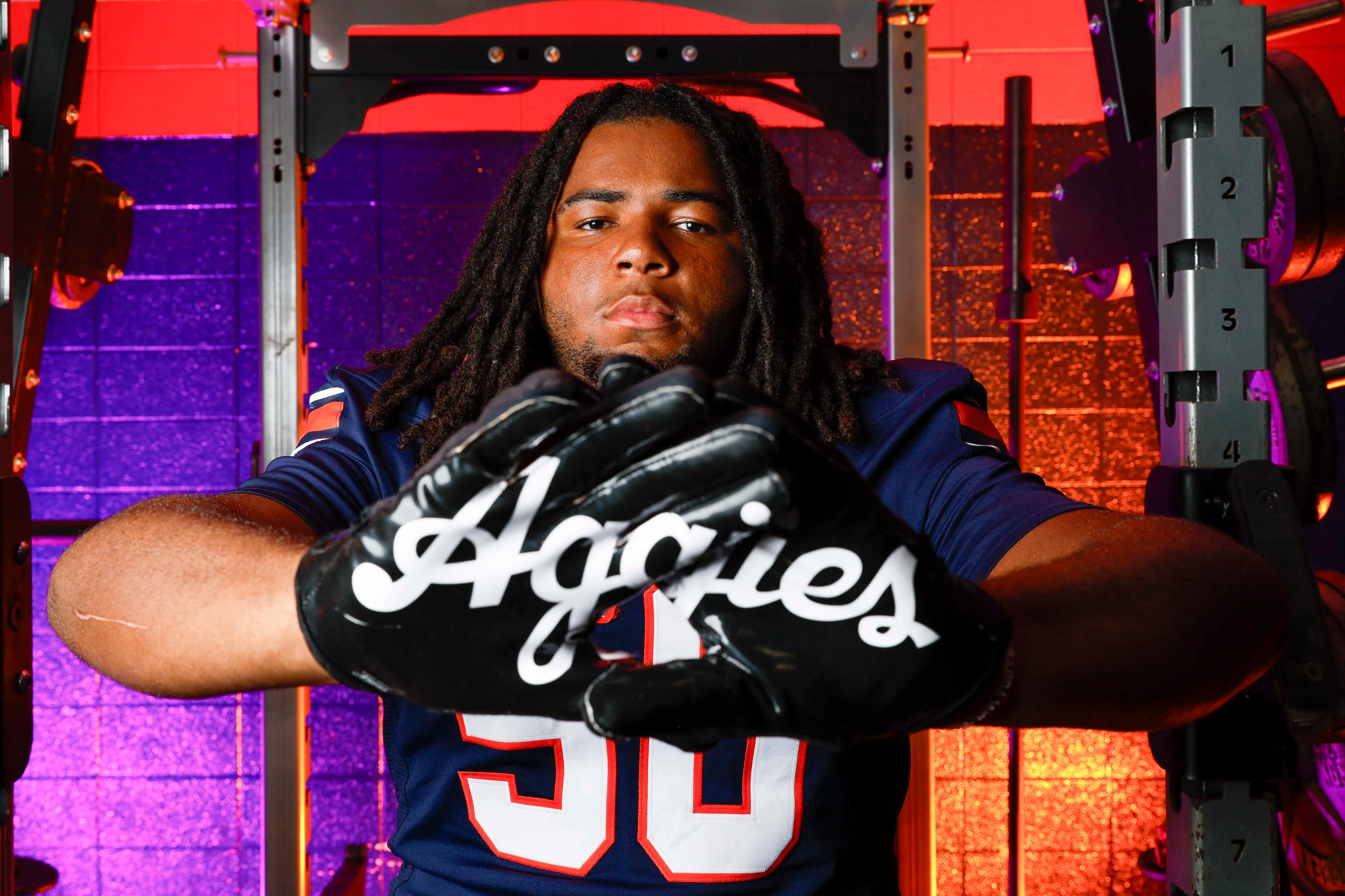 AJC Super 11 Northside (Warner Robins) defensive lineman Elijah Patmon, a defensive tackle and defensive end, poses for a portrait at Northside High School on Tuesday, July 14, 2026, in Macon, Ga. Patmon is committed to Texas A&M. (Miguel Martinez/AJC)