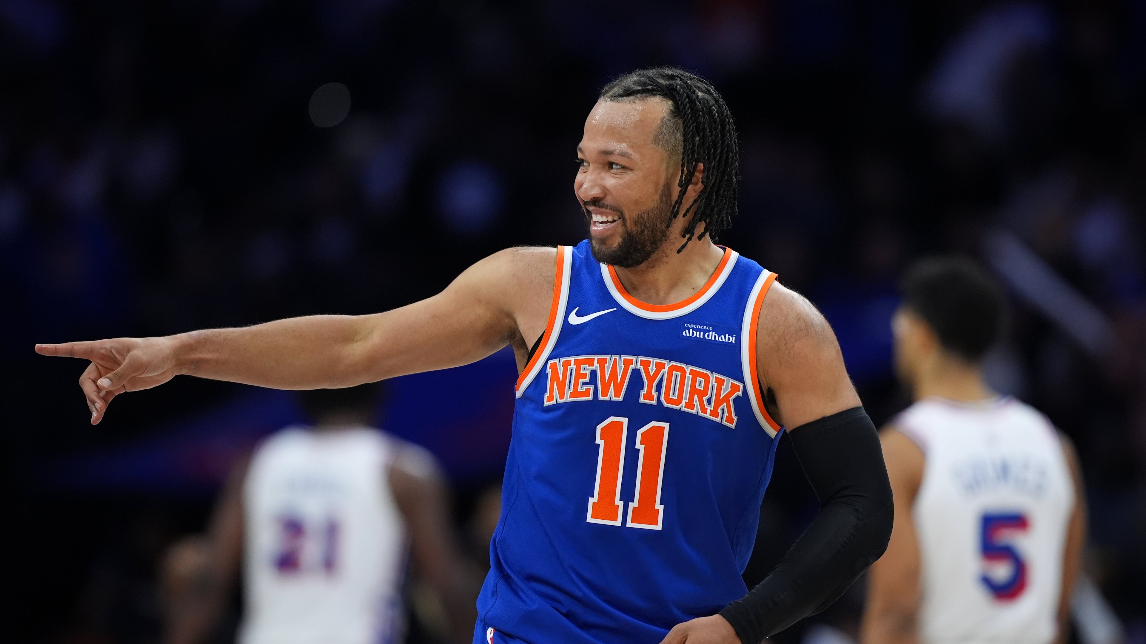 New York Knicks' Jalen Brunson reacts after scoring during the second half of Game 4 against the Philadelphia 76ers in a second-round NBA basketball playoffs series Sunday, May 10, 2026, in Philadelphia. (AP Photo/Matt Slocum)