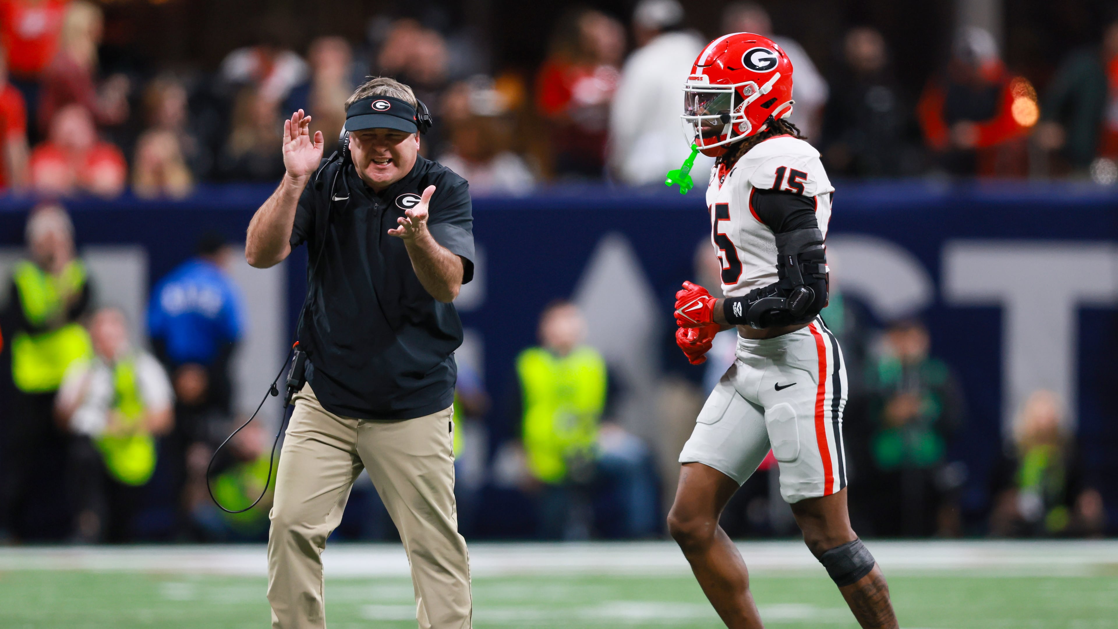 Georgia head coach Kirby Smart reacts after a penalty against defensive back Demello Jones during the fourth quarter of the SEC Championship Game against Alabama on Dec. 6, 2025, in Atlanta. (Jason Getz/AJC)