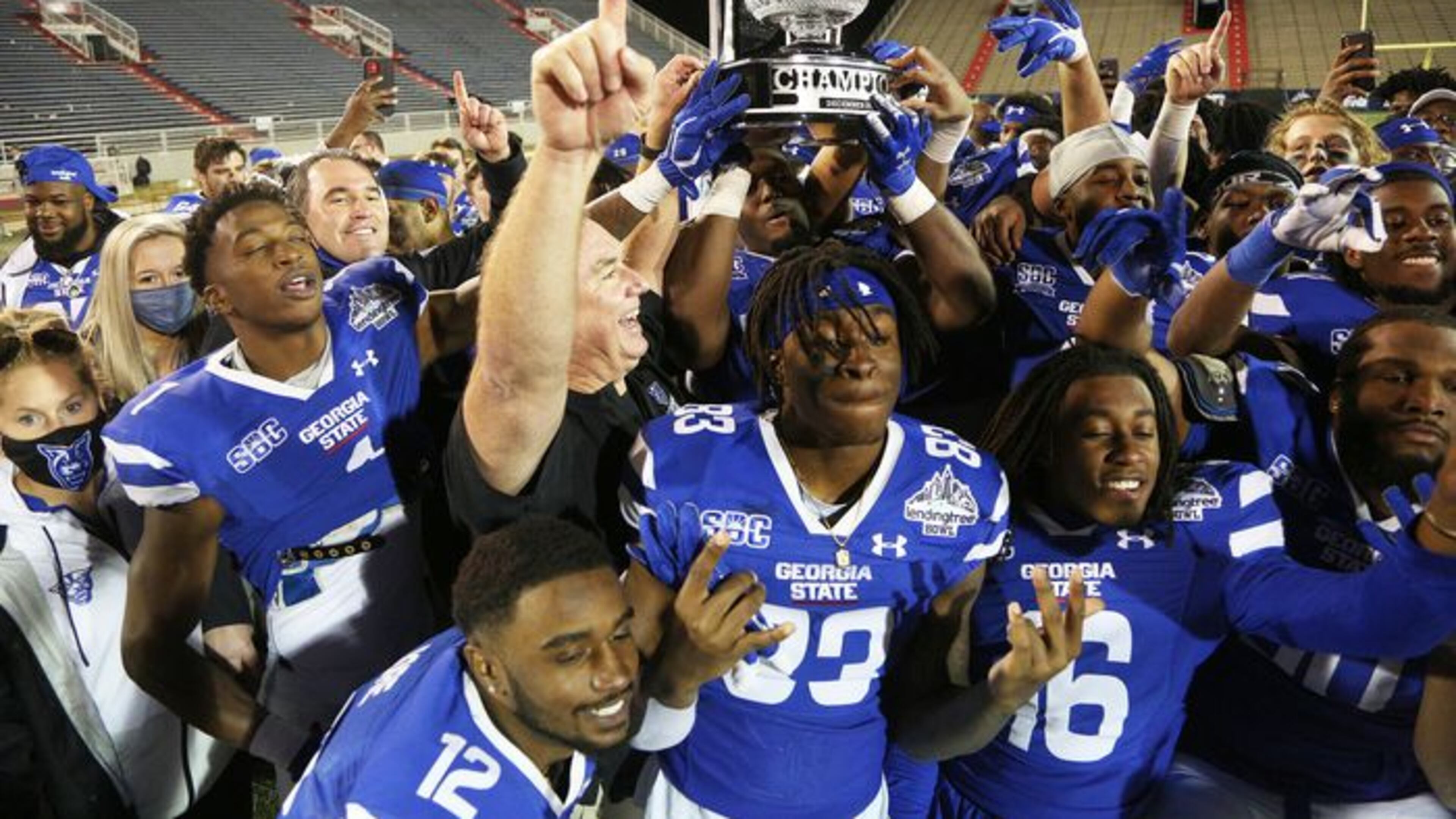 Georgia State celebrates the 39-21 win over Western Kentucky in the LendingTree Bowl on Saturday, Dec. 26, 2020, at Ladd-Peebles Stadium in Mobile, Ala. (Mike Kittrell/AL.com)