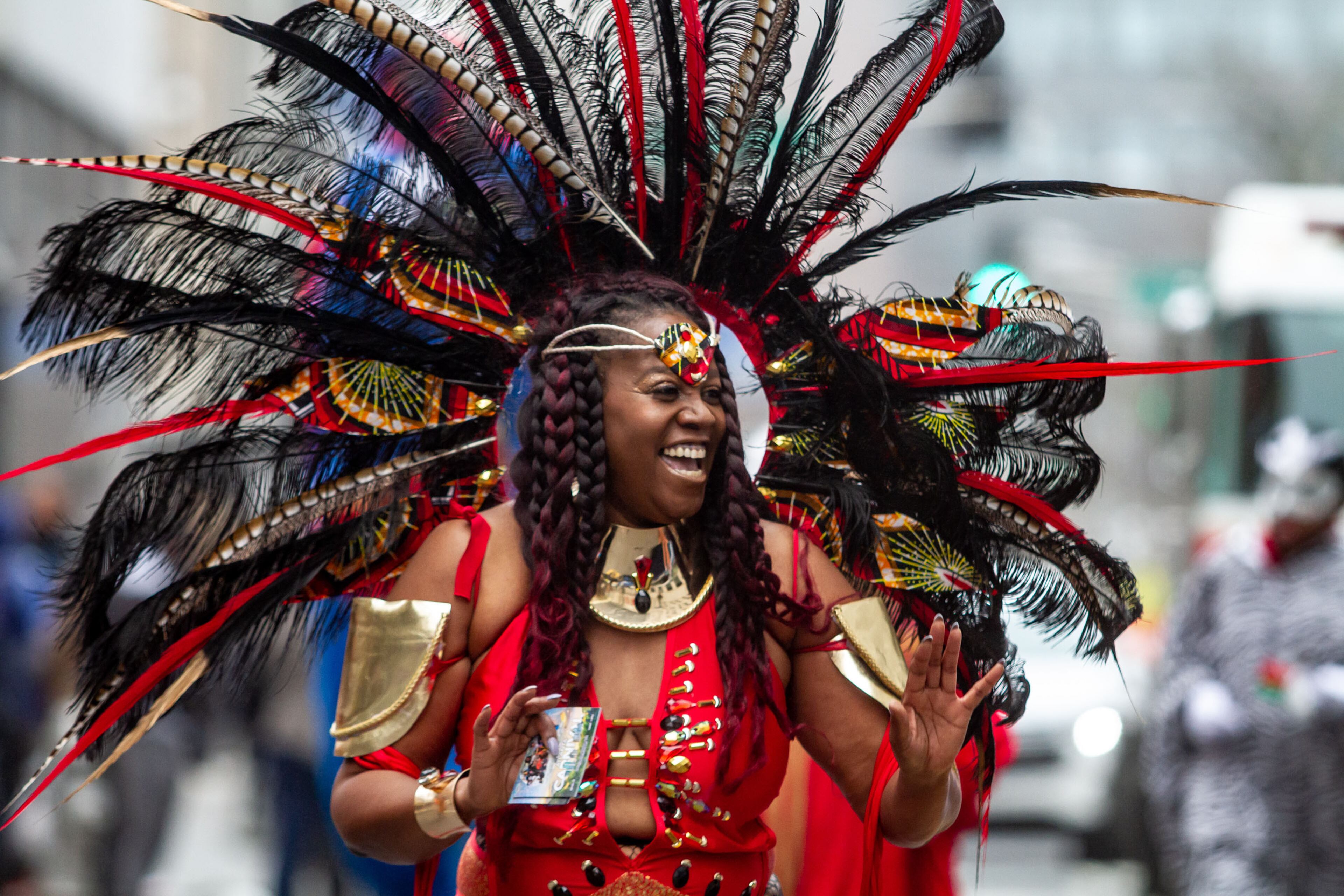 A group representing the Atlanta Carnival festival heads up Marietta Street during the Black History Parade in Atlanta Saturday, February 23, 2019. STEVE SCHAEFER / SPECIAL TO THE AJC