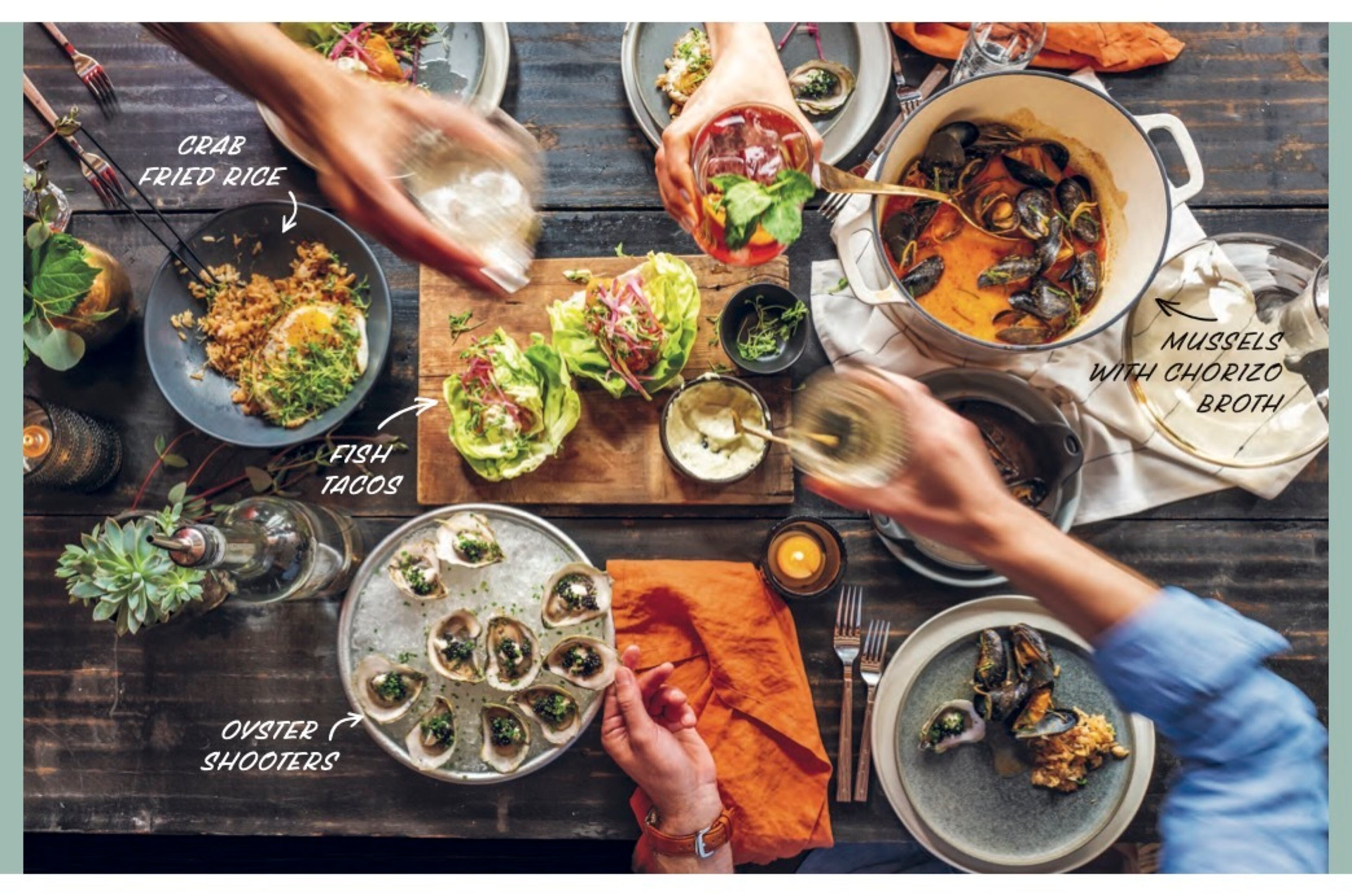 A photo spread of seafood recipes featured in "The Kitchen Cookbook," by Kimbal Musk.