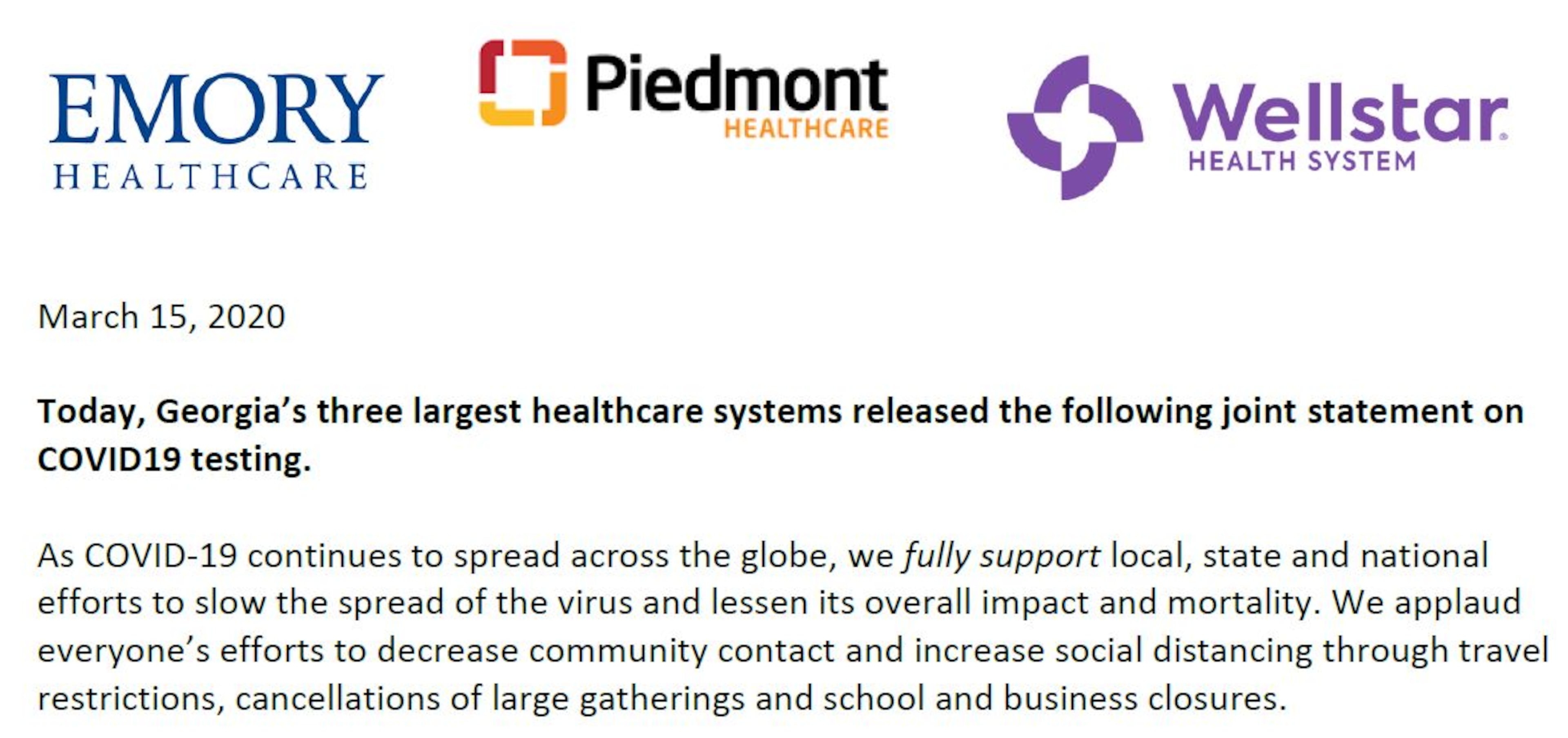 Atlanta’s three largest health care networks urged Georgians showing mile to moderate symptoms of illness not to come to their hospitals for coronavirus testing.